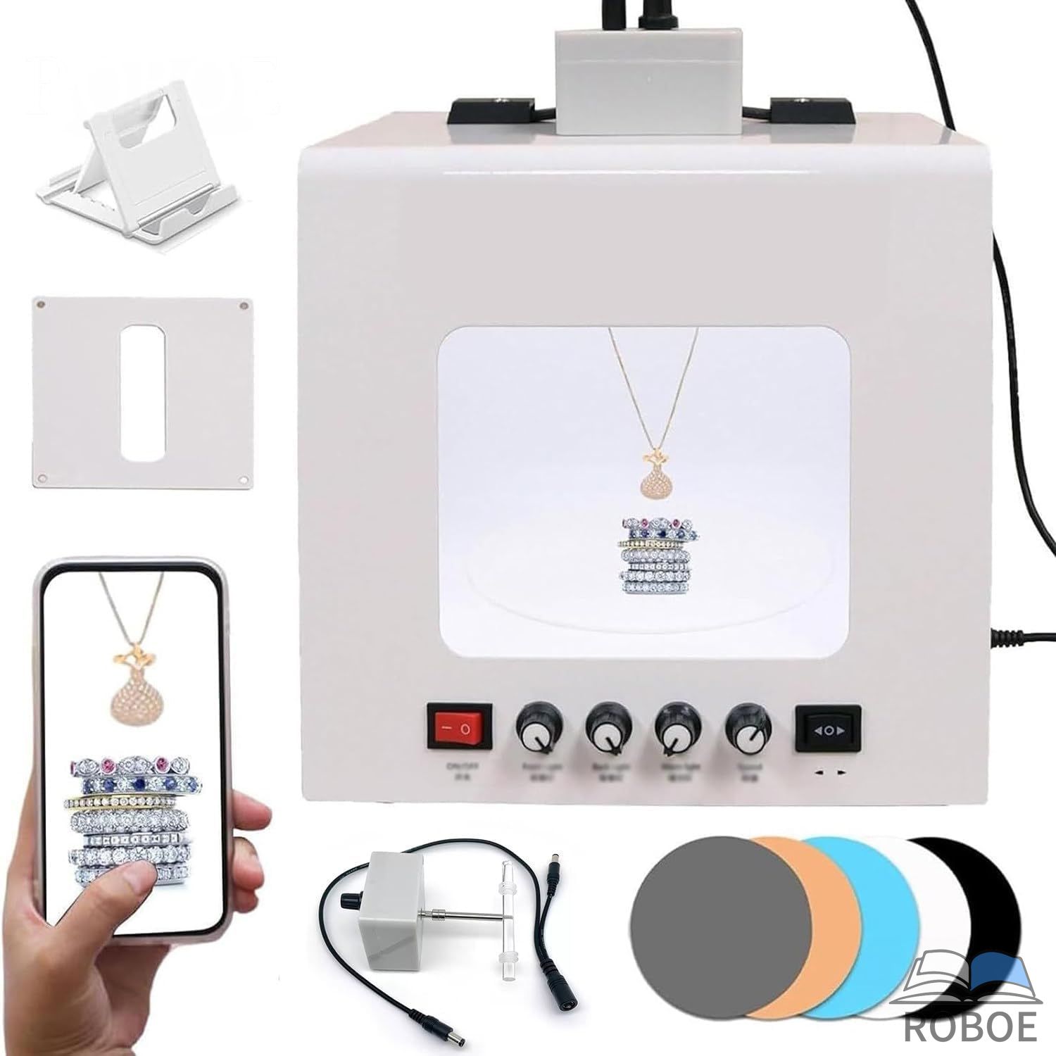 Rakuten - 撮影ライトボックス 回転撮影ボックス 電動回転台 360° ジュエリー専用 内蔵ターンテーブル直径15cm 順/逆時計の 方向が変更でき 12-60