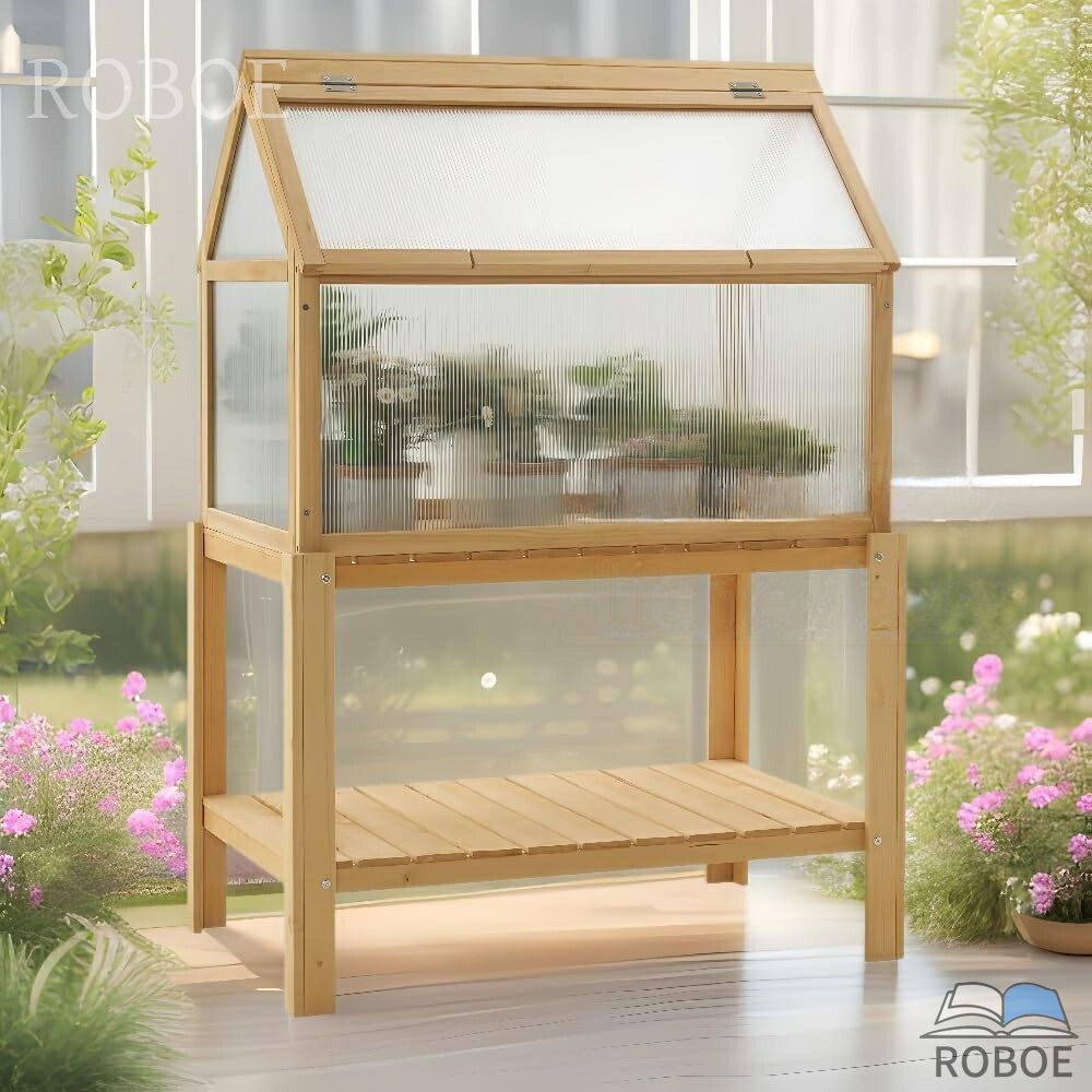 温室 57×91×130cm モミの木製 大容量 寒さ対策 庭用グリーンハウス 通気性?排水性に 二重収納プランターラック 紫外線カット 無垢材フ