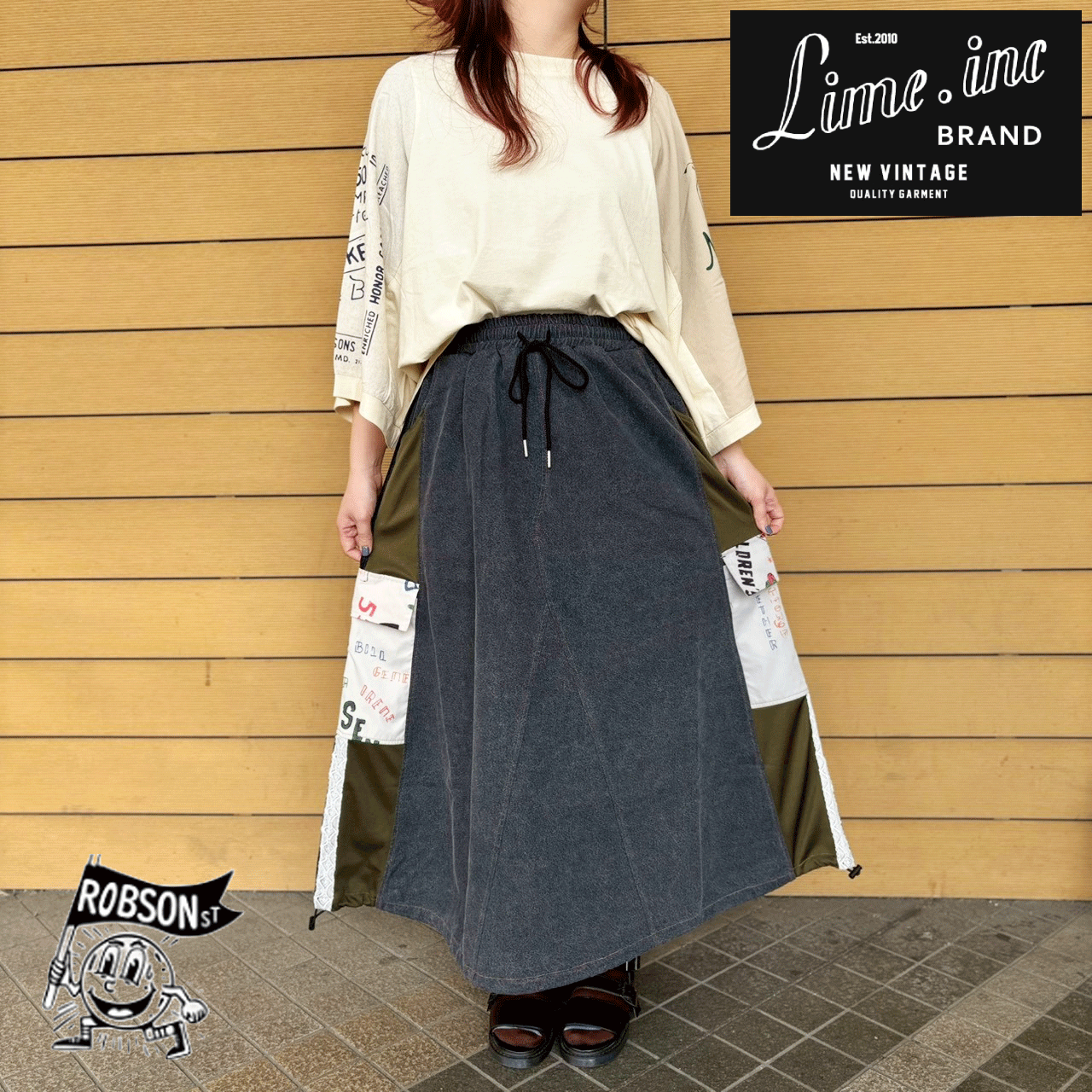 Rakuten - ★ライム　LIME　A262657　カラーデニムスカート　レディース　春　デニム　スカート　フリーサイズ　カジュアル　ナチュラル　アメカジ　人気　コーディネート　大人　コーデ　デザイン　プリント　裾　幅広い　かわいい　シンプル　ウエストゴム　ROBSONst　ロブソン