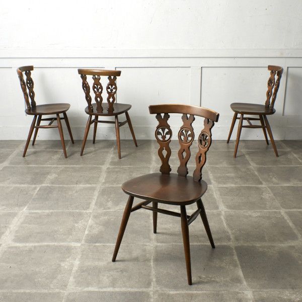 IZ50357I★4脚セット Ercol シスルバックチェア エルム 英国 椅子 ヴィンテージ アーコール 木彫刻 ダイニングチェア イギリス ビンテージ