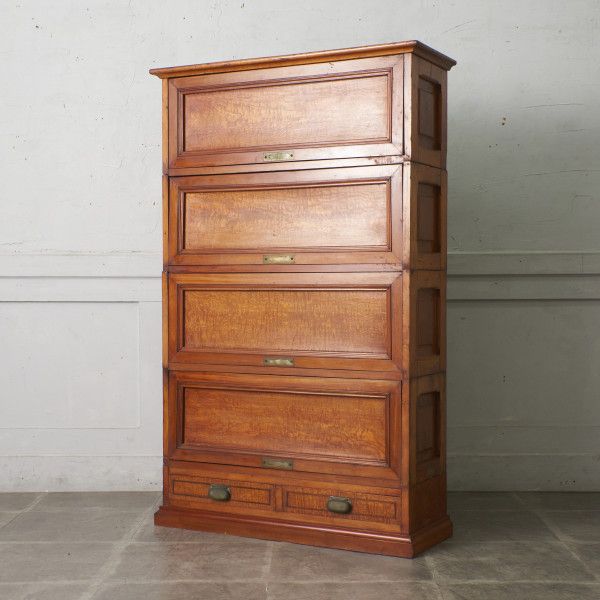 IZ78260N★ジャパン ヴィンテージ 4段 スタッキング ブックケース ロイヤーズブックケース 収納 フラップ扉 本棚 引き出し 木製 大正 洋館のサムネイル