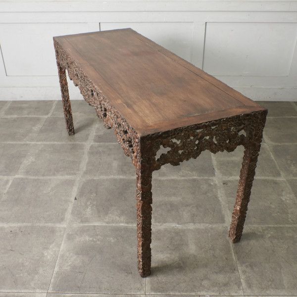 中国 アンティーク 木彫刻 コンソール テーブル 飾り棚 サイドテーブル 花台 透かし彫り 木製 民芸 古..