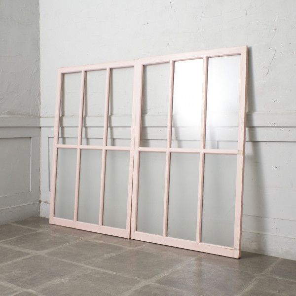 2枚セット 年代物 ガラス 窓 引き戸 シャビー ペイント 木製サッシ ガラス戸 建材 建具 スライド ブロカント DIY リノベーション IZ86202F