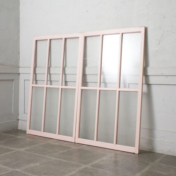 2枚セット 年代物 ガラス 窓 引き戸 シャビー ペイント 木製サッシ ガラス戸 建材 建具 スライド ブロカント DIY リノベーション IZ86203F