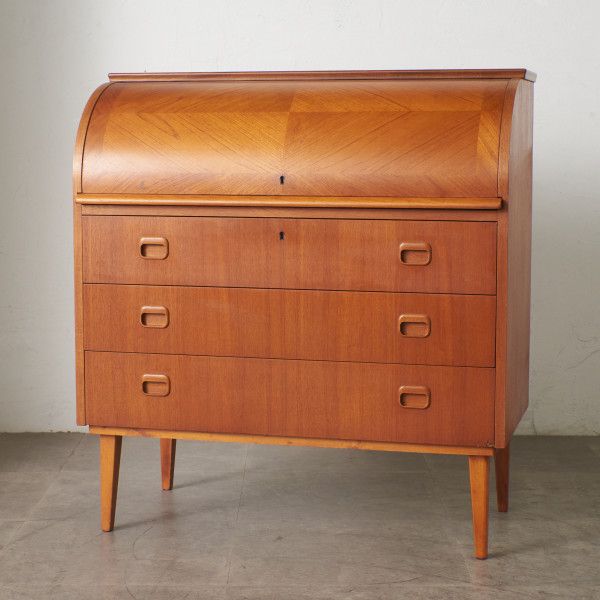 スウェーデン ヴィンテージ ロールトップ ライティングビューロー Egon Ostergaard バレル型 チーク デ..