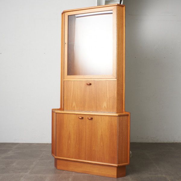 鍵付 Turnidge コーナーキャビネット 英国 ヴィンテージ 飾り棚 食器棚 チーク ガラス 木製 イギリス ..