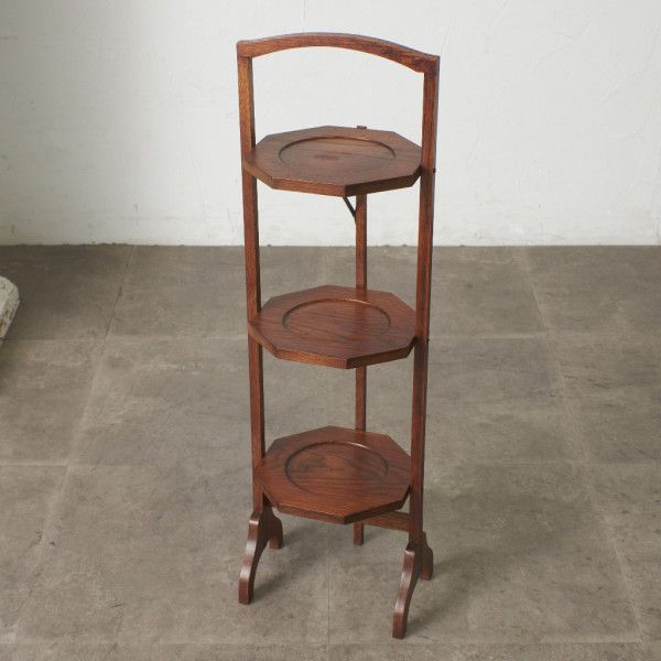 英国 アンティーク ケーキスタンド オーク 無垢材 折畳み式 サイドテーブル 木彫刻 飾り棚 3段 ディスプレイ 円形 クラシック IZ93120N