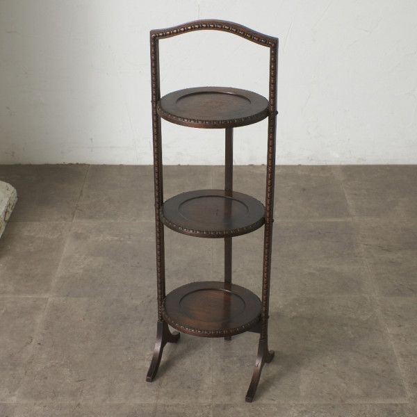 英国 アンティーク ケーキスタンド オーク 無垢材 折畳み式 サイドテーブル 木彫刻 飾り棚 3段 ディス..