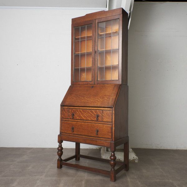 英国 アンティーク ブックビューロー 机 ブックケース オーク 楢 ガラス ブックシェルフ 本棚 書棚 デ..