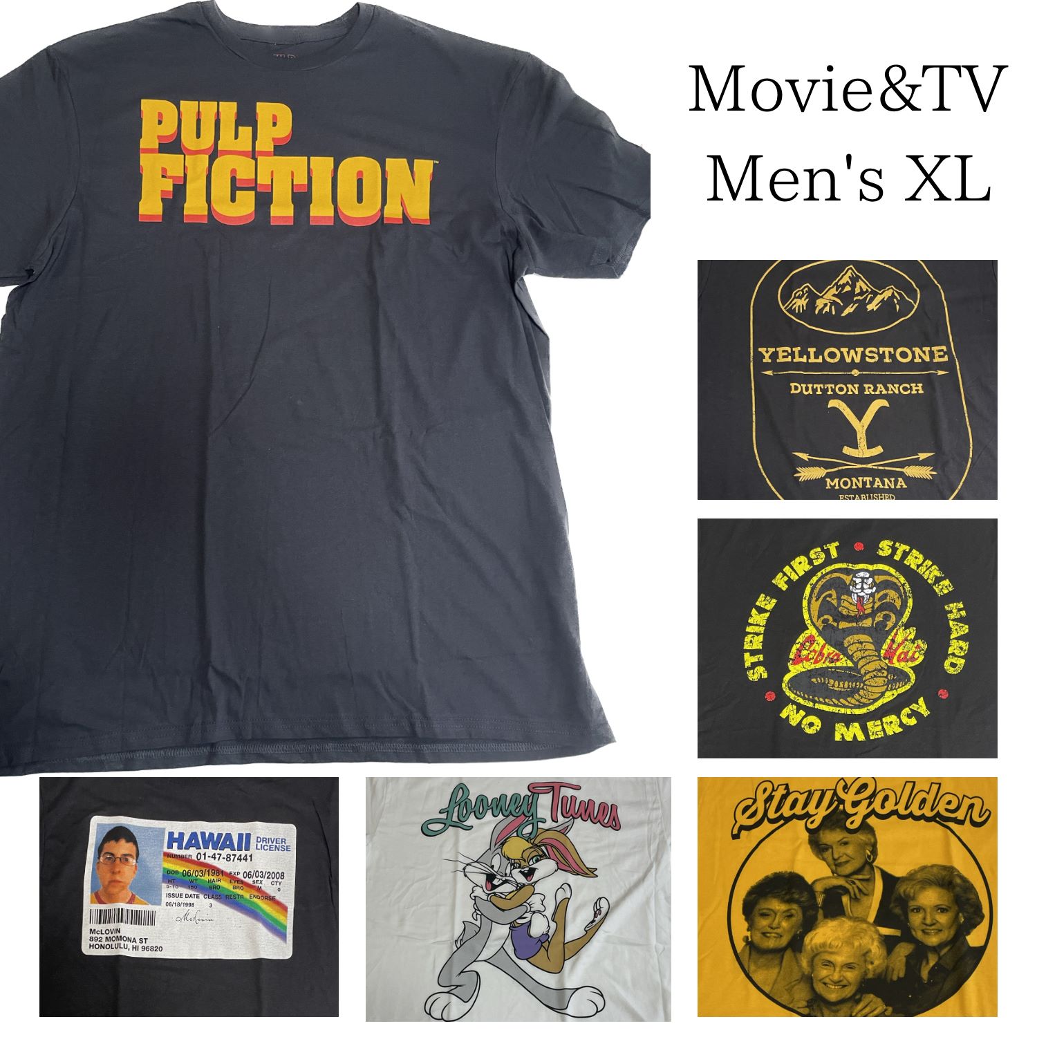 Movie TV -メンズ半袖Tシャツ XLサイズ 映画 アメコミ キャラクター スーパーバッド SuperBad PULP FICTION ルーニーテューンズ LOONEY TUNES YellowStone イエローストーン ゴールデンガールズ GoldenGirls CobraKai コブラカイ Netflix