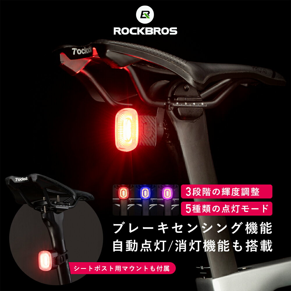 テールライト  自転車用 リアライト 自動消灯 自動点灯 ブレーキセンシング機能搭載 輝度3段階調節可能 5種類の点灯モード 赤 青 紫の3色で点滅する機能あり IPX6級防水仕様 撥水 USB充電式 260mAh サドルレール用マウント シートポスト用マウント付属 明る