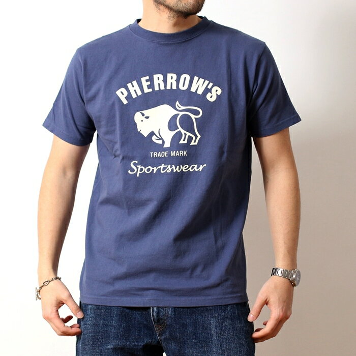 Pherrow's フェローズ Tシャツ 2024年 新作 24S-PT2 半袖 プリントTシャツ 厚手 バッファロー ロゴ プリント デザイン おしゃれ メンズ ブランド カジュアル アメカジ トラッド ヴィンテージ 春夏 グリーン スミクロ ブラック ネイビー ホワイト 緑 黒 紺 白 (32-24spt2)