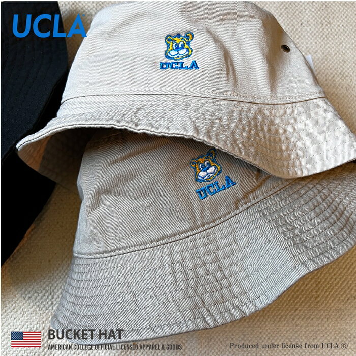 UCLA ユーシーエルエー 帽子 バケットハット メンズ レディース ユニセックス ブランド アメリカン カレッジ コットン ツイル ハット クマ くま マスコット ロゴ 刺繍 ワンポイント オフィシャル 公式 ライセンス ベージュ ブラック アイボリー フリーサイズ (07-ucag085)