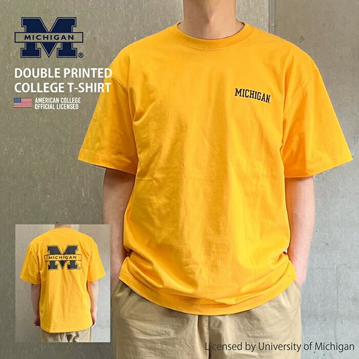 University of Michigan ミシガン大学 Tシャツ 半袖 プリント メンズ レディース カレッジ ロゴ スポーツ アイビー リーグ ブランド バックプリント オフィシャル 公式 シンプル ベーシック カジュアル アメカジ ストリート 古着MIX ゴールド イエロー 黄色 (07-mgag020)