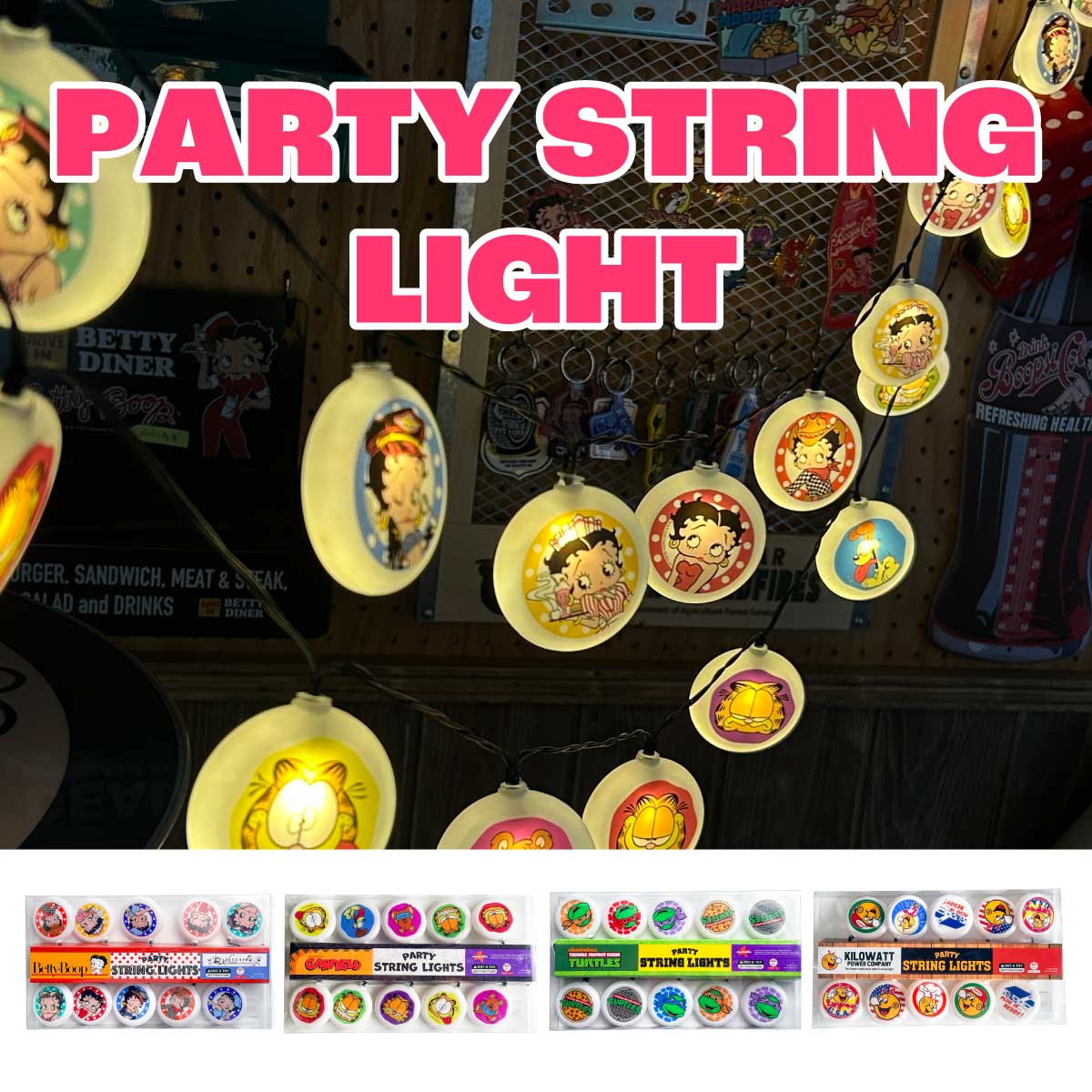 ★お部屋やガレージを一瞬でアメリカンパーティー会場に！『PARTY STRING LIGHT』が入荷いたしました！ 「BETTY」、「GARFIELD」、「FEPC」と個性豊かな4種類のデザイン♪ ★全長約4.5mのコードに、キャラクターの顔がデザインされたライトが等間隔に並んでいます。 光を灯せば、ポップなキャラクターたちが空間を明るく楽しく彩ってくれます☆ ★お気に入りのスペースの装飾や、ホームパーティー、ガレージのディスプレイとしても存在感抜群◎ 「見せるインテリア」として。毎日の何気ない空間が、少しだけワクワクするものに変わるはず♪ サイズ★ 全長4.5m（電源コード含む）、φ59mm×10lights 素材 プラスチック