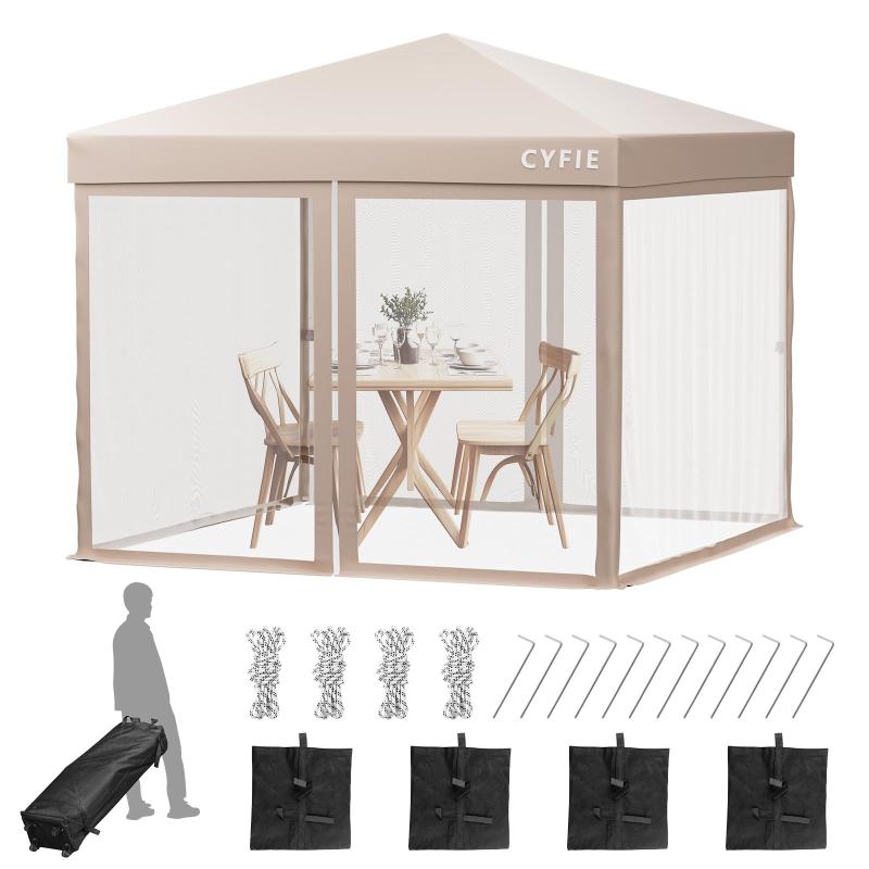 CYFIE タープテント 3m×3m 大型 蚊帳付き 日よけ UVカット 両開きドア 防水 耐風 アウトドア キャンプ 公園 運動会 簡単設営 キャスター付き収納ケース付属