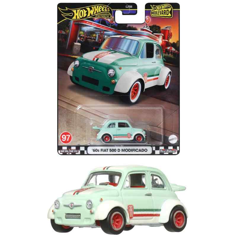 ホットウィール(Hot Wheels) ブールバード '60s フィアット 500 D モディフィカド 乗り物おもちゃ ミニカー 3歳から グリーン HRT65【内容】フィアット500はオートバイ以上、普通自動車未満という、日本で言うならば軽自動車市場に近似したマーケットを見込んで開発されたクルマで1957年に発売された。車名通り500ccの空冷2気筒エンジンを搭載し、全長3mという極小のボディながら大人4人乗車も可能だったことから、安価な自動車として本国のイタリアを中心にヨーロッパで大ヒット記録し、1975年に生産を終えるまでに約400万台が生産された。小柄なボディを活かして、より速く走るための改造を施すことも盛んで、のちにフィアット傘下に収まりモータースポーツ活動で鍵を握ることになったアバルトなども改造パーツやコンプリートカーなどを製作して人気を博した。ホットウィールではまさにアバルトが手掛けたようなオーバーフェンダーとワイドホイール、放熱のために開けっ放しの状態で走れるように固定したリアのエンジンフードなどで武装した姿を再現している。【原産国】タイ　【対象年齢】3歳～【プレゼントに最適】お誕生日、クリスマスプレゼント、入園・入学祝いなど記念日でのプレゼントにぴったりです。