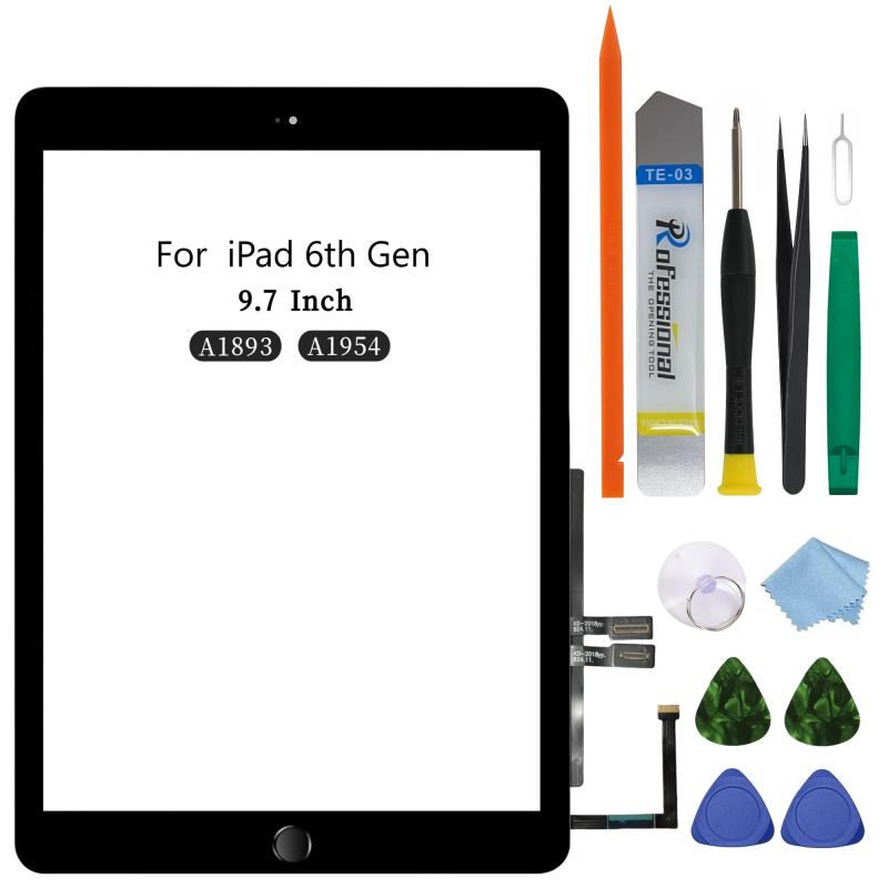 タッチパネル交換用 9.7インチ 2018 iPad 第6世代（A1893 A1954）ガラスタッチデジタイザー 画面交換修理用、ホームボタン付き、取り付け済み接着剤、ツール修理キット