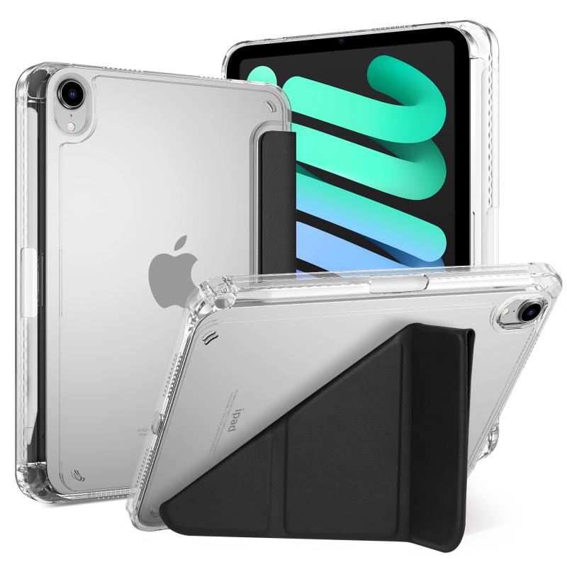 DOMAVER iPad mini7 ケース(A17 Pro, 2024, 第7世代) iPad mini6 ケース (2021, 第6世代) 横置＆縦置 タブレットスタンド 透明バックカバー