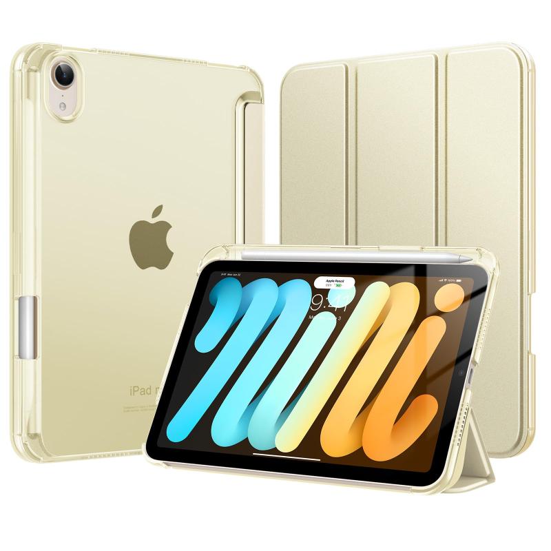 TiMOVO iPad mini7 ケース (A17 Pro) iPad mini 第7/6世代 (8.3インチ、2024/2021) スリム 三つ折り2WAYスタンド ペン収納 PencilPro/第2世代収納 PC半透明バック PUレザー 衝撃吸収