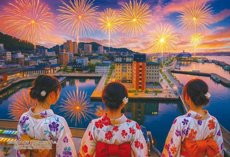 キューティーズ(Cuties) 【日本製】 300ピース ジグソーパズル 日本の都市99 福岡県北九州市「関門海峡花火大会」（イラスト） (26x38cm) 300-455 のり付き スポンジ付き