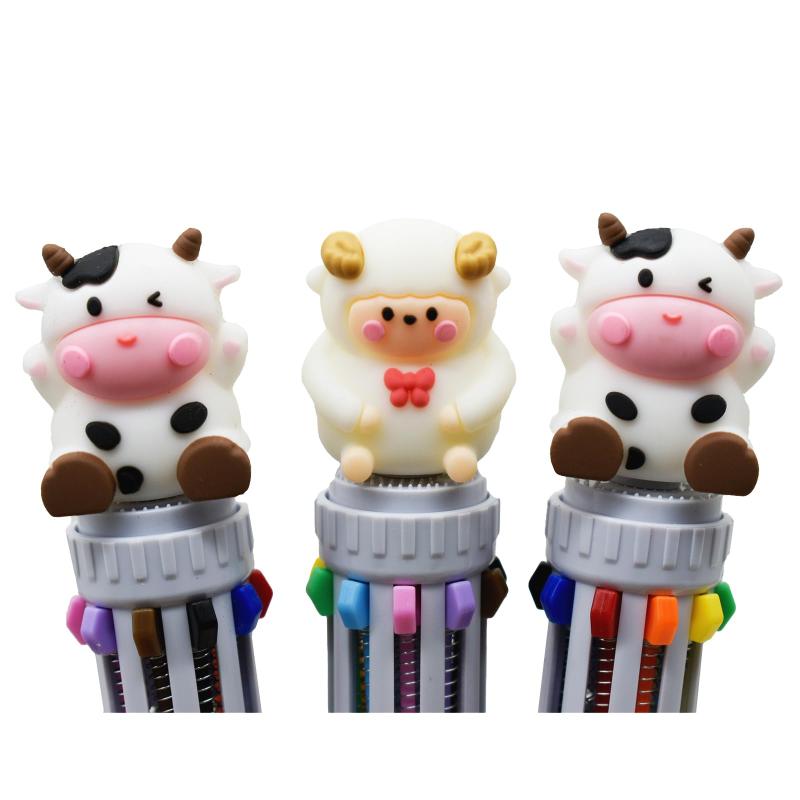Lopenle 可愛い 動物 羊 牛 10色 ボールペン 4本 多色 油性 筆記具 かわいい ノック式 マーキング 10色の交換可能 乳牛 格納式ボールペン 文房具 セット 多機能 業務用 子供 学生 プレゼント ギフ rockon1-10309506 ロックオンショップ サンプル画像3