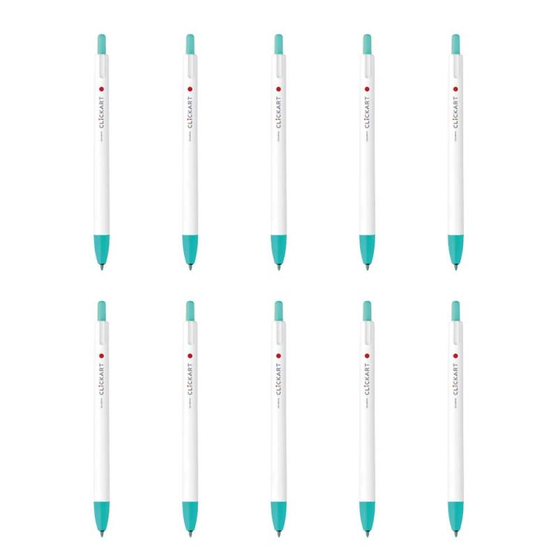 ゼブラ 水性ペン クリッカート ミントグリーン 10本 B-WYSS22-MG【クリッカート】キャップない、乾かない、色キレイ。【特長】(1)キャップがなくてもペン先が乾かない。(2)黒に色重ねても、にじまずにキレイにぬれる。【デザイン】(1)幅広い年齢層の女性に使いやすいデザイン。(2)筆箱に入れてかさばらないクリップレス。【クリッカートの新技術】空気中の水分を吸収する新インク「モストキープインク」採用。【インク】水性染料