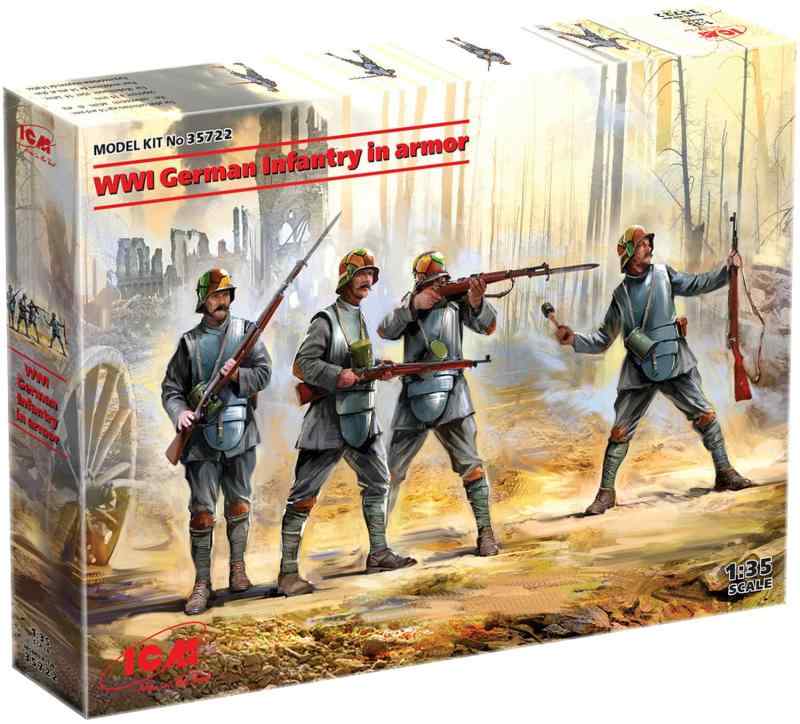 ICM 1/35 第一次世界大戦 ドイツ軍 装甲歩兵 プラモデル 35722組み立て塗装が必要なプラモデル。別途、接着剤や工具、塗料等が必要。1/35スケール未塗装プラスチック組み立てキット第一次世界大戦のドイツ軍 装甲歩兵を完全新金型で再現フィギュア4体セットパーツ数:49個