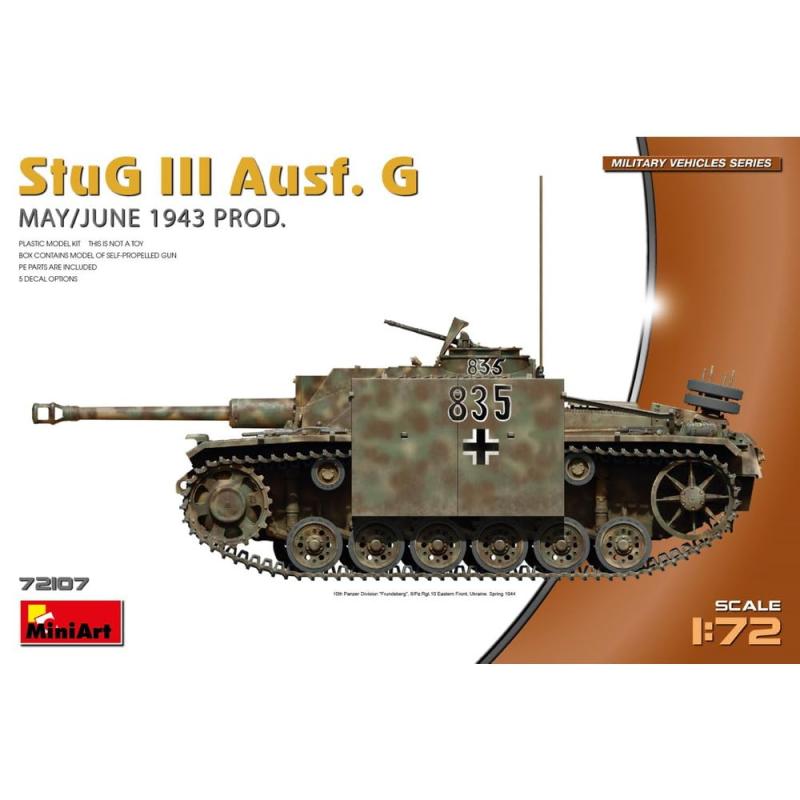 ミニアート 1/72 WW.II ドイツ軍 III号突撃砲 G型 1943年5月-6月生産型 プラモデル MA721071/72スケールでドイツ軍のIII号突撃砲G型をモデル化シュルツェンはエッチングパーツで用意仕上がり全長は約94mm履帯は一部連結式を採用マーキングは5種類。1943年のフランスにおける第10SS装甲師団フルンツベルク、第276突撃砲大隊、第277突撃砲大隊、第322突撃砲旅団の各車両のマーキングを収録