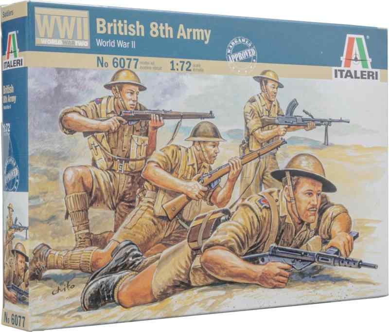 プラッツ イタレリ 1/72 WW2 イギリス 第8軍歩兵フィギュア プラモデル IT6077 (人)組み立て塗装が必要なプラモデル。別途、接着剤や工具、塗料等が必要。1/72スケール未塗装プラスチック組み立てキット北アフリカ戦線でロンメル率いるドイツアフリカ軍団と激戦を展開したイギリスの主役がモントゴメリー率いるイギリス第8軍の歩兵を1/72スケールで再現戦闘中の緊張感にあふれる15ポーズで50体をモデル化立ち姿勢、立膝姿勢、伏せ姿勢の各ポーズでの射撃姿勢や中にはバグパイプを演奏する兵士もセット