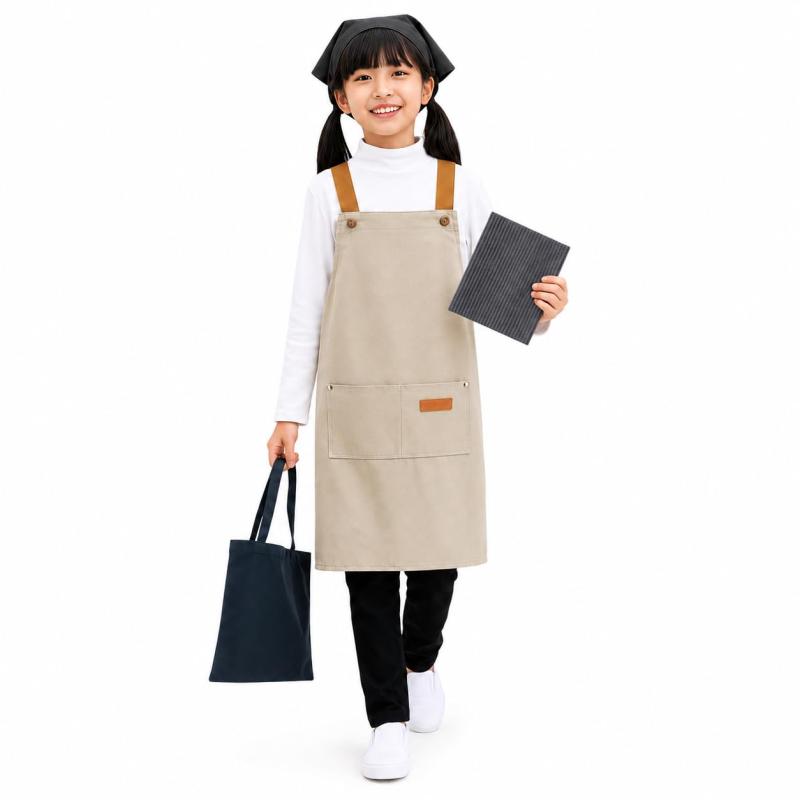 [ComfyHaven] エプロン 子供用 小学生用エプロン キッズ用 三角巾 雑巾付き 巾着バッグセット 収納バッグ付き しわになりにくい 撥水材質 汚れ防止 無地 シンプル 着脱簡単 男女兼用 色落ちし【4点セット＆撥水加工済】エプロン・三角巾・巾着袋・雑巾が揃った便利な4点セット。すべて撥水加工が施されており、水や汚れに強く、毎日の使用や洗濯にも安心。準備の手間が省け、保育園や学校行事にもこれ一つで対応できます。【マジックテープ式三角巾で子どもでも簡単装着】三角巾はマジックテープ仕様で、後ろで留めるだけのかんたん設計。ゴムタイプと比べてサイズ調整がしやすく、頭にしっかりフィットしてズレにくいのが特徴です。幼稚園や小学校の調理実習、工作、図工などにも最適な子ども用三角巾です。【ボタン調節式の肩紐＆子どもでも結べる背面リボン】肩紐はボタンで長さを調節できる仕様。成長に合わせてぴったりフィットし、ずれにくく快適に着用できます。背中部分はリボンで結ぶタイプですが、やわらかい紐なのでお子さま一人でも簡単に着脱可能。子ども用エプロンとして、幼稚園・保育園・小学校の調理実習やお手伝いに大活躍します。【軽くて丈夫・洗濯に強いポリエステル素材】エプロンは軽量で丈夫なポリエステル100%素材を使用。洗濯機で何度洗っても色落ちしにくく、シワになりにくいので毎日使っても清潔感をキープ。速乾性にも優れており、乾きやすく、お手入れもラクラク。子ども用エプロンとして、保育園・幼稚園・小学校での使用に最適です。