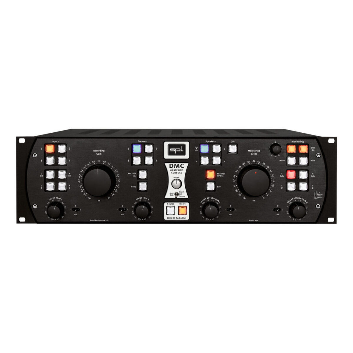 優れたアナログ技術を凝縮したマスタリング・コンソールInputs/Sourcesは4ペアのステレオ入力に対応。モニタリング・セクションでは各スピーカーのL/Rソロや位相反転も可能。別売機器との連携による拡張性にも優れた1台。Inputs & Sources DMCで処理をする信号をInputsへ接続し、比較またはプレイバックする信号をSourcesへ接続します。それぞれ4ペアのステレオ入力が可能です。 各チャンネルにはオン/オフスイッチがついており、位相反転、0.25dB刻みでのトリム調整が可能。ステレオ入力をモノラルへ切り替えることもできます。 Recording Gainのノブでは録音用アウトプットのゲインを調整でき、繊細なゲイン・コントロールが可能です。このノブ機能はオン/オフ切り替えができ、オフになると制御回路全体がシグナル・パスから切り離されます。 レコーディング・シグナルフロー Monitoring & Inserts 3ペアのステレオ・アウトプットを搭載しており、それぞれ操作可能。モノラル・スピーカー用アウトプットも用意されています。 SPL Phonitorシリーズのヘッドフォン・アンプをPhonitor HP Outに接続でき、ヘッドフォンでモニタリングする際に、スピーカー出力を自動的にオフにする設定も可能です。 サブウーファーも同様で、接続されているスピーカーとペアリングし、どのスピーカーと連動させるかを設定できます。 また、INSERT RETURN TRIMでは、0.25dB刻みでのトリム調整が可能で、インサート処理後の微細なレベル補正をすることができます。 DMCのインサートへSPLのマスタリング用ルーティング機であるHermesを接続すると、より一層卓越したシステムが構築できます。最大8台のステレオ・プロセッサーを接続でき、自由にルーティング変更や設定の保存が可能になります。 モニタリング・セクションでは、各スピーカーのL/Rソロや位相反転が可能です。 Monitoring Levelのノブにはインジケーターがついており、モニター・レベルを簡単に視認することができます。 ラウドネス補正は+/-10 dBの範囲で調整可能です。Insert、Sources、Inputsの各スイッチにリンクさせることで、任意のステージで補正を行うことができます。 モニタリング・シグナルフロー DMC & MC 16 別売りのSPL MC16は、世界初のアナログ16チャンネル入出力に対応したモニター・コントローラーです。 DMCは、別売のMC16とリンクさせることで、Dolby Atmos®やAuro 3D®のようなサラウンドやイマーシブ・オーディオに対応することができます。 DMCとMC16を組み合わせることで、ステレオL/R+サブウーファー出力からマルチチャンネル出力への切り替えがシームレスに行うことができ、スピーカーの接続をし直す必要がなくなります。 DMCのSpeakers Aボタンを2秒間押すと、L/RとSUBのボリューム・コントロールがMC16へ移り、マルチチャンネル対応になります。もう一度押すと、ボリューム・コントロールがDMCに戻り、ステレオL/R+サブウーファー出力となります。このようにして、簡単にステレオとサラウンドのプロジェクトを連続して作業することができます。 製品仕様アナログ入出力XLR（バランス）最大入力/出力レベル32.5 dB入力インピーダンス20 kΩ出力インピーダンス75 Ω同相信号除去-82 dBu周波数特性（-3 dB）4 Hz - 300 kHzノイズ（A-weighted, +24 dBu, Rec Out/Insert On）-101.6 dBuノイズ（A-weighted, +24 dBu, Speaker Out）-103.9 dBuTHD & N（+24 dBu, Rec Out/Insert On）> 112 dBTHD & N（+24 dBu, Speaker Out）> 108 dB内蔵リニア電源駆動電圧（アナログオーディオ）：+/- 60 V 駆動電圧（リレー回路・LED）：+ 12 V主電源入力電源電圧：230/115 VAC 50/60 Hz ヒューズ（230V）：T 1 A ヒューズ（115V）：T 2 A 消費電力：最大 40 W本体サイズ・重量W x H x D（横幅 x 高さ x 奥行）：482 x 132 x 300 mm 本体重量：10.2 kg パッケージ重量：12.35 kg注意事項※ 参考：0 dBu = 0.775 V ※ 仕様は予告なく変更される場合があります。 ※ 製品品質の向上と部品需給状況によって、製品構成などの仕様は予告なしに変更することがございます。優れたアナログ技術を凝縮したマスタリング・コンソール
