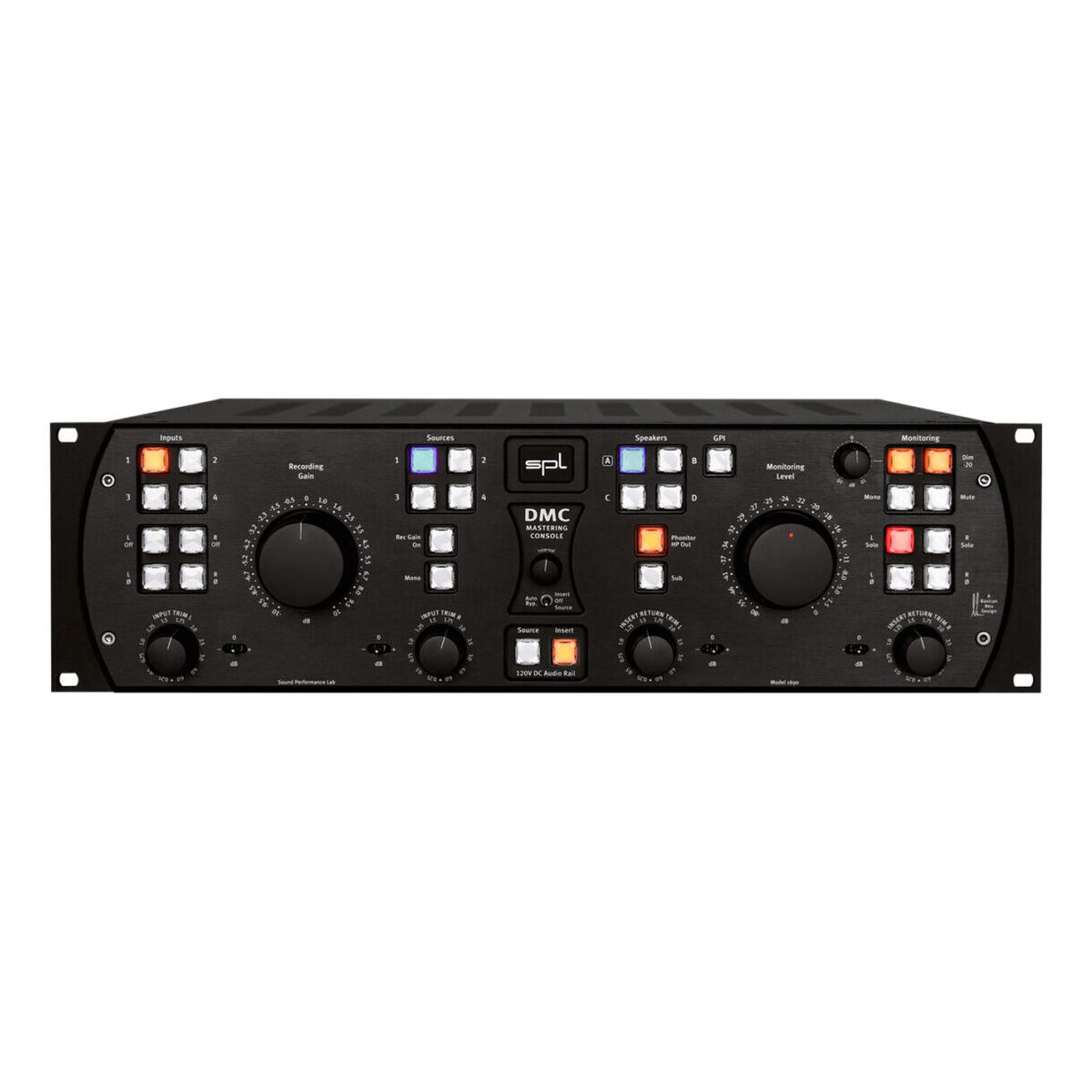 優れたアナログ技術を凝縮したマスタリング・コンソールInputs/Sourcesは4ペアのステレオ入力に対応。モニタリング・セクションでは各スピーカーのL/Rソロや位相反転も可能。別売機器との連携による拡張性にも優れた1台。Inputs & Sources DMCで処理をする信号をInputsへ接続し、比較またはプレイバックする信号をSourcesへ接続します。それぞれ4ペアのステレオ入力が可能です。 各チャンネルにはオン/オフスイッチがついており、位相反転、0.25dB刻みでのトリム調整が可能。ステレオ入力をモノラルへ切り替えることもできます。 Recording Gainのノブでは録音用アウトプットのゲインを調整でき、繊細なゲイン・コントロールが可能です。このノブ機能はオン/オフ切り替えができ、オフになると制御回路全体がシグナル・パスから切り離されます。 レコーディング・シグナルフロー Monitoring & Inserts 3ペアのステレオ・アウトプットを搭載しており、それぞれ操作可能。モノラル・スピーカー用アウトプットも用意されています。 SPL Phonitorシリーズのヘッドフォン・アンプをPhonitor HP Outに接続でき、ヘッドフォンでモニタリングする際に、スピーカー出力を自動的にオフにする設定も可能です。 サブウーファーも同様で、接続されているスピーカーとペアリングし、どのスピーカーと連動させるかを設定できます。 また、INSERT RETURN TRIMでは、0.25dB刻みでのトリム調整が可能で、インサート処理後の微細なレベル補正をすることができます。 DMCのインサートへSPLのマスタリング用ルーティング機であるHermesを接続すると、より一層卓越したシステムが構築できます。最大8台のステレオ・プロセッサーを接続でき、自由にルーティング変更や設定の保存が可能になります。 モニタリング・セクションでは、各スピーカーのL/Rソロや位相反転が可能です。 Monitoring Levelのノブにはインジケーターがついており、モニター・レベルを簡単に視認することができます。 ラウドネス補正は+/-10 dBの範囲で調整可能です。Insert、Sources、Inputsの各スイッチにリンクさせることで、任意のステージで補正を行うことができます。 モニタリング・シグナルフロー DMC & MC 16 別売りのSPL MC16は、世界初のアナログ16チャンネル入出力に対応したモニター・コントローラーです。 DMCは、別売のMC16とリンクさせることで、Dolby Atmos®やAuro 3D®のようなサラウンドやイマーシブ・オーディオに対応することができます。 DMCとMC16を組み合わせることで、ステレオL/R+サブウーファー出力からマルチチャンネル出力への切り替えがシームレスに行うことができ、スピーカーの接続をし直す必要がなくなります。 DMCのSpeakers Aボタンを2秒間押すと、L/RとSUBのボリューム・コントロールがMC16へ移り、マルチチャンネル対応になります。もう一度押すと、ボリューム・コントロールがDMCに戻り、ステレオL/R+サブウーファー出力となります。このようにして、簡単にステレオとサラウンドのプロジェクトを連続して作業することができます。 製品仕様アナログ入出力XLR（バランス）最大入力/出力レベル32.5 dB入力インピーダンス20 kΩ出力インピーダンス75 Ω同相信号除去-82 dBu周波数特性（-3 dB）4 Hz - 300 kHzノイズ（A-weighted, +24 dBu, Rec Out/Insert On）-101.6 dBuノイズ（A-weighted, +24 dBu, Speaker Out）-103.9 dBuTHD & N（+24 dBu, Rec Out/Insert On）> 112 dBTHD & N（+24 dBu, Speaker Out）> 108 dB内蔵リニア電源駆動電圧（アナログオーディオ）：+/- 60 V 駆動電圧（リレー回路・LED）：+ 12 V主電源入力電源電圧：230/115 VAC 50/60 Hz ヒューズ（230V）：T 1 A ヒューズ（115V）：T 2 A 消費電力：最大 40 W本体サイズ・重量W x H x D（横幅 x 高さ x 奥行）：482 x 132 x 300 mm 本体重量：10.2 kg パッケージ重量：12.35 kg注意事項※ 参考：0 dBu = 0.775 V ※ 仕様は予告なく変更される場合があります。 ※ 製品品質の向上と部品需給状況によって、製品構成などの仕様は予告なしに変更することがございます。優れたアナログ技術を凝縮したマスタリング・コンソール