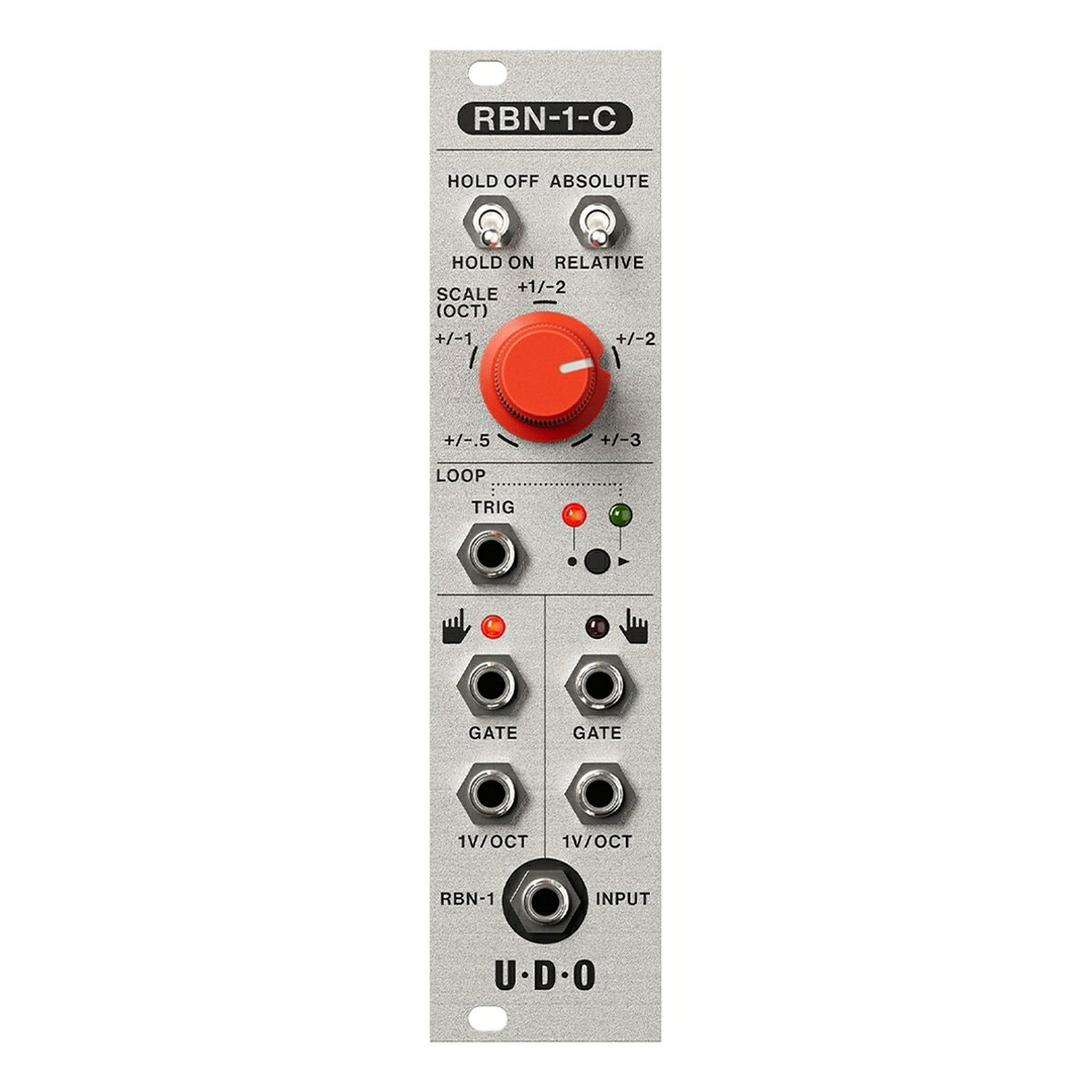 RBN-1をモジュラーに接続する高性能レシーバーRBN-1-C は、パフォーマンス・リボン・コントローラー RBN-1 のために設計された、強力なユーロラック・インターフェースです。表現力豊かな演奏を可能にする RBN-1 をあらゆるモジュラー・システムに接続し、トリガー入力を備えたライブ・ルーパー、リボン動作モードの設定、2点タッチ操作に対応した CV/Gate 出力など、多彩で柔軟なパフォーマンス機能を活用できます。2系統の出力セクションからそれぞれ CV/Gate 信号を同時に出力でき、リボンを用いた両手での表現が可能です。リボン動作の柔軟な設定や、演奏をその場で録音・ループ再生できる内蔵ルーパーを搭載しており、パフォーマンスの可能性を広げます。リボン動作設定 柔軟な動作設定により、リボン入力のタッチ感度やオクターブ・スケーリングを、使用するシステム構成や演奏スタイルに合わせて細かく調整できます。 ライブ・ルーパー 内蔵ルーパーにより、RBN-1 による演奏表現をその場で素早く録音・ループ再生することが可能です。オプションのトリガー入力を使用すれば、ループ再生を外部からトリガーでき、リボン演奏をシステム全体と同期させることができます。 2点タッチ出力 2系統の出力セクションから、それぞれ CV/Gate 信号を同時に出力可能。リボンを用いた両手での表現を実現します。たとえば、左手でオシレーターのピッチを操作しながら、右手でフィルターのカットオフをコントロールするといった演奏も可能です。 RBN-1 との組み合わせ RBN-1-C は、パフォーマンス・リボン・コントローラー RBN-1 との組み合わせを前提に設計されています。強力なマグネットと滑りにくいラバー製の底面により、RBN-1 を金属面へ簡単に取り付け・取り外しでき、演奏中も安定した状態を保ちます。 製品仕様製品種別ユーロラック・モジュラーシンセサイザーJANコード4580646115932幅6HP奥行き33mm消費電流+12V : 30mA-12V : 15mARBN-1をモジュラーに接続する高性能レシーバー