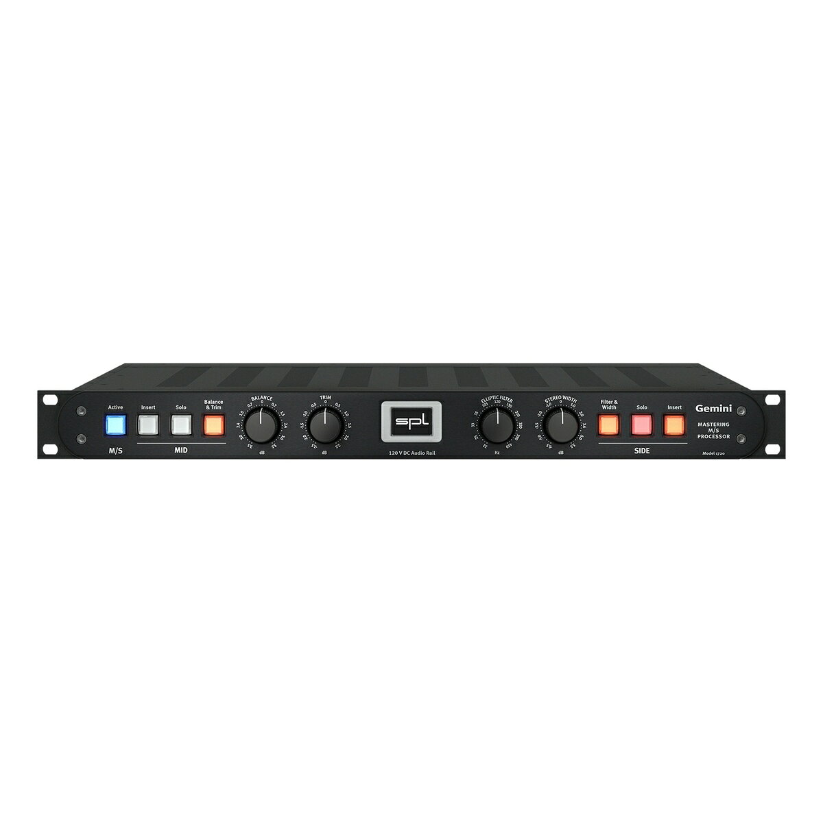 世界初、120V技術採用のマスタリング用M/SプロセッサーGeminiは、SPL 120Vテクノロジーを採用した、世界初のミッド/サイド・プロセッサーです。マスタリングにおいてM/S処理は、ミックスされた音源に対して、空間の広がり、帯域ごとの定位、全体の質感を最終調整する重要な役割を果たします。マスタリングにおけるM/S処理の役割 マスタリングにおいて、ステレオ信号をMid(中央)とSide(左右の広がり)に分解するM/S処理は、ミックス内の特定の要素に対してピンポイントでアプローチできる最適な手法です。 ・Mid（ミッド）: 左右のチャンネルに共通して含まれる、位相が同じ成分（ボーカル、スネア、ベースなど） ・Side（サイド）: 左右のチャンネルで異なる、位相が反転した成分（ギター、シンバル、シンセパッドなど） Geminiはステレオ感(左右の広がり)の拡大・縮小にも使用できます。また、低域をサイドからミッドへシフトする楕円フィルター(Elliptical Filter)も搭載されています。 Mid(中央)のコントロール M/Sボタンをアクティブにすると、入力信号(ステレオ L/R)がミッドとサイドに分割されます。 Balanceのツマミで定位の正確なセンター位置を調整し、Trimのツマミで正確な音量レベルを調整できます。どちらの機能も、スイッチをオンにした時のみシグナル・パスに組み込まれる仕様です。 Soloボタンを押すと、中央の音(Mid)だけをモニタリングすることができます。 Insertボタンを押すと、外部プロセッサーを経由して、Midの信号に処理を施せます。 Side(左右の広がり)のコントロール サイドにもソロ機能と、外部処理用のインサート機能があります。 さらに、楕円フィルター(ELLPTIC FILTER)を使用して、低域をサイドからミッドにシフトさせることができます。これにより、低域のパンチと精度が向上します。 STEREO WIDTH of のツマミではサイドの音量レベルを調整でき、レベルを上げるとステレオ感(左右の広がり)が増幅します。 これら2つの機能も、スイッチをオンにした時のみシグナル・パスに組み込まれる仕様です。 入出力端子とインサート端子 すべての入出力端子はNeutrik XLRコネクターを使用しており、バランス接続されています。 外部プロセッサーと接続する際に使用する、インサート入出力を搭載しています。 Geminiを、SPLのマスタリング用ルーティング機であるHermesと接続することでより高い汎用性を発揮します。クラシックなL/R処理に加え、SPLの卓越したM/S処理により、唯一無二のシステムを実現します。 Gemini &amp; Hermes GeminiをHermesのインサートに接続することで、エンコード(M/S)前後とデコード(L/R)前後のそれぞれに、自由度の高い外部処理を施すことが可能です。 エンコード(M/S)後とデコード(L/R)前の間の外部プロセッサーをインサートすることで、M/S信号の外部処理が可能になります。この処理は、モノラルのプロセッサーを使用する事も可能です。 接続例では、Hermes SENDS A → Gemini INPUTSへ接続し、エンコード(M/S)されます。エンコードされた信号がGemini SENDS → Hermes RETURNS Aへ戻されます。結果、Geminiでエンコード(M/S)された信号をHermesでルーティングできます。 次に、Hermes SENDS B → Gemini RETURNSへ接続し、デコード(L/R)します。デコード(L/R)された信号をGemini OUTPUS → Hermes RETURNS Bへ戻されます。それにより、M/S処理後にGeminiでデコード(L/R)されたステレオ信号を、Hermesでルーティングできます。 上の図はシグナル・チェーンの例です。M/Sエンコーダーを“3”に配置し、EQを“4”に配置することで、ミッド/サイドのそれぞれに異なるEQ処理を施すことができます。その後、“5”のM/Sデコーダーが再びステレオ信号(L/R)に戻します。 もしも追加でコンプレッサーをM/Sで処理したい場合は、コンプレッサーを“5”に配置するだけで、簡単に追加することができます。その場合、M/Sデコーダーを“6”へ移動し、ステレオ信号(L/R)に戻します。 製品仕様アナログオーディオ仕様アナログ入出力：XLR（バランス）最大入力/出力レベル：32.5 dBu入力インピーダンス：20 kΩ出力インピーダンス：75 Ω​同相信号除去：-79 dBu​周波数特性（-3 dB）：10 Hz - 150 kHzクロストーク（1 kHz）：-108 dBuTHD + N（0 dBu, 1 kHz）：-110 dBuノイズ（A-weighted, 全ステージ有効）：-98.2 dBuダイナミックレンジ：135 dB内蔵リニア電源駆動電圧（アナログオーディオ）：+/- 60 V駆動電圧（リレー回路・LED）：+12 V主電源​入力電源電圧：230/115 VAC 50/60 Hzヒューズ（230V）：T 500 mAヒューズ（115V）：T 1 A​消費電力：最大 40 W本体サイズ・重量W x H x D（横幅 x 高さ x 奥行）：482 x 44 x 300 mm本体重量：5 kgパッケージ重量：6.8 kg世界初、120V技術採用のマスタリング用M/Sプロセッサー