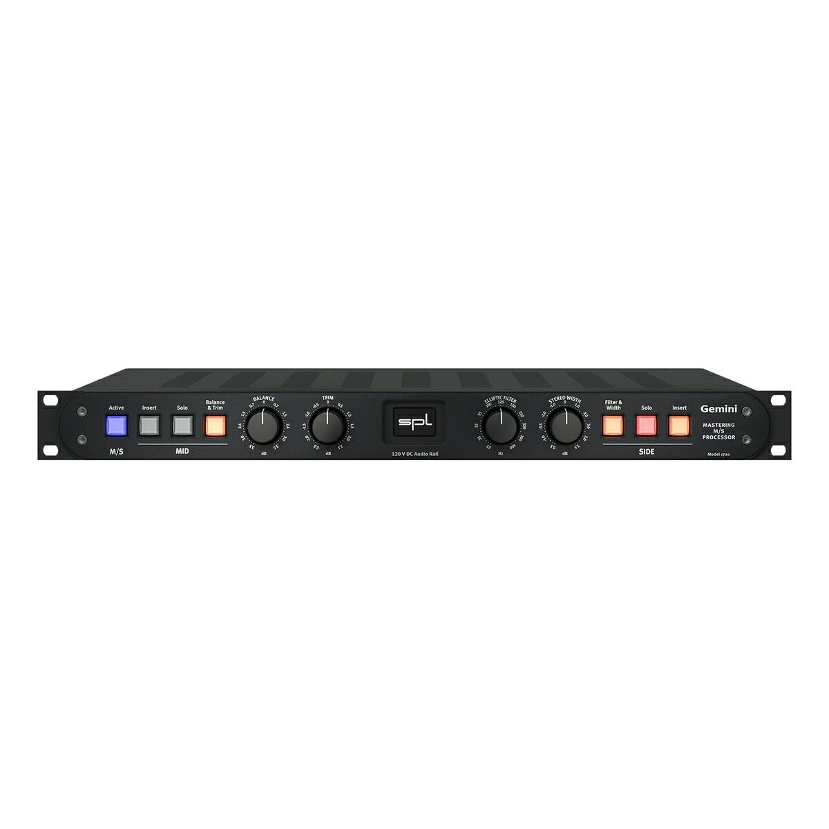 世界初、120V技術採用のマスタリング用M/SプロセッサーGeminiは、SPL 120Vテクノロジーを採用した、世界初のミッド/サイド・プロセッサーです。マスタリングにおいてM/S処理は、ミックスされた音源に対して、空間の広がり、帯域ごとの定位、全体の質感を最終調整する重要な役割を果たします。マスタリングにおけるM/S処理の役割 マスタリングにおいて、ステレオ信号をMid(中央)とSide(左右の広がり)に分解するM/S処理は、ミックス内の特定の要素に対してピンポイントでアプローチできる最適な手法です。 ・Mid（ミッド）: 左右のチャンネルに共通して含まれる、位相が同じ成分（ボーカル、スネア、ベースなど） ・Side（サイド）: 左右のチャンネルで異なる、位相が反転した成分（ギター、シンバル、シンセパッドなど） Geminiはステレオ感(左右の広がり)の拡大・縮小にも使用できます。また、低域をサイドからミッドへシフトする楕円フィルター(Elliptical Filter)も搭載されています。 Mid(中央)のコントロール M/Sボタンをアクティブにすると、入力信号(ステレオ L/R)がミッドとサイドに分割されます。 Balanceのツマミで定位の正確なセンター位置を調整し、Trimのツマミで正確な音量レベルを調整できます。どちらの機能も、スイッチをオンにした時のみシグナル・パスに組み込まれる仕様です。 Soloボタンを押すと、中央の音(Mid)だけをモニタリングすることができます。 Insertボタンを押すと、外部プロセッサーを経由して、Midの信号に処理を施せます。 Side(左右の広がり)のコントロール サイドにもソロ機能と、外部処理用のインサート機能があります。 さらに、楕円フィルター(ELLPTIC FILTER)を使用して、低域をサイドからミッドにシフトさせることができます。これにより、低域のパンチと精度が向上します。 STEREO WIDTH of のツマミではサイドの音量レベルを調整でき、レベルを上げるとステレオ感(左右の広がり)が増幅します。 これら2つの機能も、スイッチをオンにした時のみシグナル・パスに組み込まれる仕様です。 入出力端子とインサート端子 すべての入出力端子はNeutrik XLRコネクターを使用しており、バランス接続されています。 外部プロセッサーと接続する際に使用する、インサート入出力を搭載しています。 Geminiを、SPLのマスタリング用ルーティング機であるHermesと接続することでより高い汎用性を発揮します。クラシックなL/R処理に加え、SPLの卓越したM/S処理により、唯一無二のシステムを実現します。 Gemini &amp; Hermes GeminiをHermesのインサートに接続することで、エンコード(M/S)前後とデコード(L/R)前後のそれぞれに、自由度の高い外部処理を施すことが可能です。 エンコード(M/S)後とデコード(L/R)前の間の外部プロセッサーをインサートすることで、M/S信号の外部処理が可能になります。この処理は、モノラルのプロセッサーを使用する事も可能です。 接続例では、Hermes SENDS A → Gemini INPUTSへ接続し、エンコード(M/S)されます。エンコードされた信号がGemini SENDS → Hermes RETURNS Aへ戻されます。結果、Geminiでエンコード(M/S)された信号をHermesでルーティングできます。 次に、Hermes SENDS B → Gemini RETURNSへ接続し、デコード(L/R)します。デコード(L/R)された信号をGemini OUTPUS → Hermes RETURNS Bへ戻されます。それにより、M/S処理後にGeminiでデコード(L/R)されたステレオ信号を、Hermesでルーティングできます。 上の図はシグナル・チェーンの例です。M/Sエンコーダーを“3”に配置し、EQを“4”に配置することで、ミッド/サイドのそれぞれに異なるEQ処理を施すことができます。その後、“5”のM/Sデコーダーが再びステレオ信号(L/R)に戻します。 もしも追加でコンプレッサーをM/Sで処理したい場合は、コンプレッサーを“5”に配置するだけで、簡単に追加することができます。その場合、M/Sデコーダーを“6”へ移動し、ステレオ信号(L/R)に戻します。 製品仕様アナログオーディオ仕様アナログ入出力：XLR（バランス）最大入力/出力レベル：32.5 dBu入力インピーダンス：20 kΩ出力インピーダンス：75 Ω​同相信号除去：-79 dBu​周波数特性（-3 dB）：10 Hz - 150 kHzクロストーク（1 kHz）：-108 dBuTHD + N（0 dBu, 1 kHz）：-110 dBuノイズ（A-weighted, 全ステージ有効）：-98.2 dBuダイナミックレンジ：135 dB内蔵リニア電源駆動電圧（アナログオーディオ）：+/- 60 V駆動電圧（リレー回路・LED）：+12 V主電源​入力電源電圧：230/115 VAC 50/60 Hzヒューズ（230V）：T 500 mAヒューズ（115V）：T 1 A​消費電力：最大 40 W本体サイズ・重量W x H x D（横幅 x 高さ x 奥行）：482 x 44 x 300 mm本体重量：5 kgパッケージ重量：6.8 kg世界初、120V技術採用のマスタリング用M/Sプロセッサー
