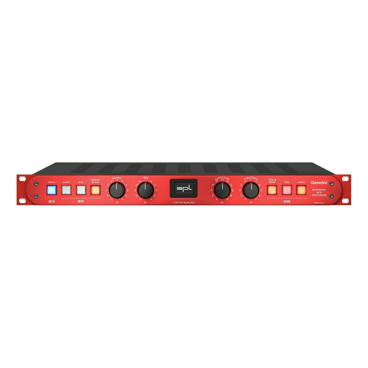 世界初、120V技術採用のマスタリング用M/SプロセッサーGeminiは、SPL 120Vテクノロジーを採用した、世界初のミッド/サイド・プロセッサーです。マスタリングにおいてM/S処理は、ミックスされた音源に対して、空間の広がり、帯域ごとの定位、全体の質感を最終調整する重要な役割を果たします。マスタリングにおけるM/S処理の役割 マスタリングにおいて、ステレオ信号をMid(中央)とSide(左右の広がり)に分解するM/S処理は、ミックス内の特定の要素に対してピンポイントでアプローチできる最適な手法です。 ・Mid（ミッド）: 左右のチャンネルに共通して含まれる、位相が同じ成分（ボーカル、スネア、ベースなど） ・Side（サイド）: 左右のチャンネルで異なる、位相が反転した成分（ギター、シンバル、シンセパッドなど） Geminiはステレオ感(左右の広がり)の拡大・縮小にも使用できます。また、低域をサイドからミッドへシフトする楕円フィルター(Elliptical Filter)も搭載されています。 Mid(中央)のコントロール M/Sボタンをアクティブにすると、入力信号(ステレオ L/R)がミッドとサイドに分割されます。 Balanceのツマミで定位の正確なセンター位置を調整し、Trimのツマミで正確な音量レベルを調整できます。どちらの機能も、スイッチをオンにした時のみシグナル・パスに組み込まれる仕様です。 Soloボタンを押すと、中央の音(Mid)だけをモニタリングすることができます。 Insertボタンを押すと、外部プロセッサーを経由して、Midの信号に処理を施せます。 Side(左右の広がり)のコントロール サイドにもソロ機能と、外部処理用のインサート機能があります。 さらに、楕円フィルター(ELLPTIC FILTER)を使用して、低域をサイドからミッドにシフトさせることができます。これにより、低域のパンチと精度が向上します。 STEREO WIDTH of のツマミではサイドの音量レベルを調整でき、レベルを上げるとステレオ感(左右の広がり)が増幅します。 これら2つの機能も、スイッチをオンにした時のみシグナル・パスに組み込まれる仕様です。 入出力端子とインサート端子 すべての入出力端子はNeutrik XLRコネクターを使用しており、バランス接続されています。 外部プロセッサーと接続する際に使用する、インサート入出力を搭載しています。 Geminiを、SPLのマスタリング用ルーティング機であるHermesと接続することでより高い汎用性を発揮します。クラシックなL/R処理に加え、SPLの卓越したM/S処理により、唯一無二のシステムを実現します。 Gemini &amp; Hermes GeminiをHermesのインサートに接続することで、エンコード(M/S)前後とデコード(L/R)前後のそれぞれに、自由度の高い外部処理を施すことが可能です。 エンコード(M/S)後とデコード(L/R)前の間の外部プロセッサーをインサートすることで、M/S信号の外部処理が可能になります。この処理は、モノラルのプロセッサーを使用する事も可能です。 接続例では、Hermes SENDS A → Gemini INPUTSへ接続し、エンコード(M/S)されます。エンコードされた信号がGemini SENDS → Hermes RETURNS Aへ戻されます。結果、Geminiでエンコード(M/S)された信号をHermesでルーティングできます。 次に、Hermes SENDS B → Gemini RETURNSへ接続し、デコード(L/R)します。デコード(L/R)された信号をGemini OUTPUS → Hermes RETURNS Bへ戻されます。それにより、M/S処理後にGeminiでデコード(L/R)されたステレオ信号を、Hermesでルーティングできます。 上の図はシグナル・チェーンの例です。M/Sエンコーダーを“3”に配置し、EQを“4”に配置することで、ミッド/サイドのそれぞれに異なるEQ処理を施すことができます。その後、“5”のM/Sデコーダーが再びステレオ信号(L/R)に戻します。 もしも追加でコンプレッサーをM/Sで処理したい場合は、コンプレッサーを“5”に配置するだけで、簡単に追加することができます。その場合、M/Sデコーダーを“6”へ移動し、ステレオ信号(L/R)に戻します。 製品仕様アナログオーディオ仕様アナログ入出力：XLR（バランス）最大入力/出力レベル：32.5 dBu入力インピーダンス：20 kΩ出力インピーダンス：75 Ω​同相信号除去：-79 dBu​周波数特性（-3 dB）：10 Hz - 150 kHzクロストーク（1 kHz）：-108 dBuTHD + N（0 dBu, 1 kHz）：-110 dBuノイズ（A-weighted, 全ステージ有効）：-98.2 dBuダイナミックレンジ：135 dB内蔵リニア電源駆動電圧（アナログオーディオ）：+/- 60 V駆動電圧（リレー回路・LED）：+12 V主電源​入力電源電圧：230/115 VAC 50/60 Hzヒューズ（230V）：T 500 mAヒューズ（115V）：T 1 A​消費電力：最大 40 W本体サイズ・重量W x H x D（横幅 x 高さ x 奥行）：482 x 44 x 300 mm本体重量：5 kgパッケージ重量：6.8 kg世界初、120V技術採用のマスタリング用M/Sプロセッサー
