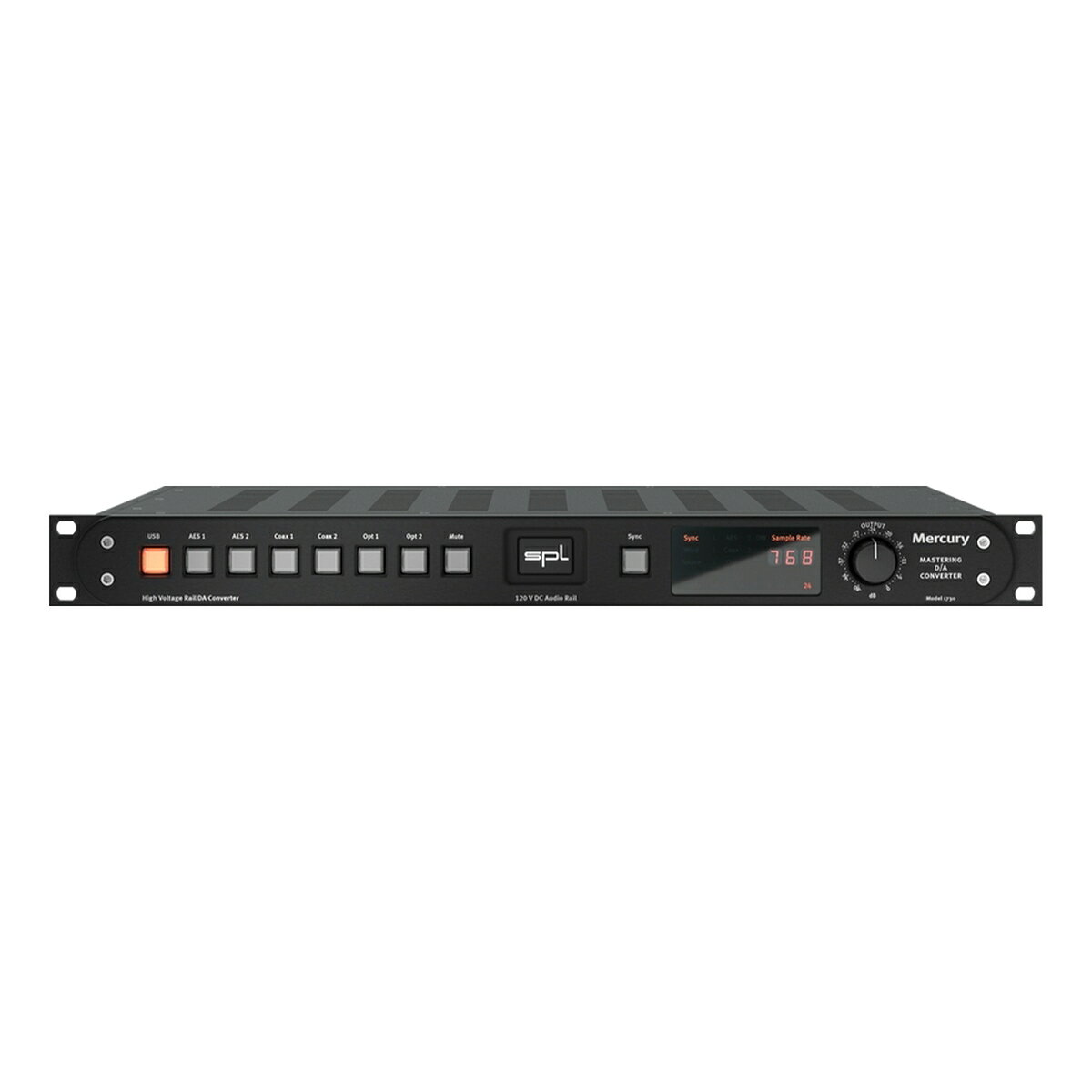 120V技術初採用のマスタリングD/AコンバーターMercuryは120Vテクノロジーを初めて採用したマスタリングD/Aコンバーターです。7系統のデジタルステレオ入力を備え、これらのソースは、USB入力を除くすべての入力を相互に同期させることができ、ワードクロックとの同期も可能です。さらに可変出力も搭載しているため、モニターコントローラーとしても使用できます。7系統のデジタル入力 デジタルステレオ入力を7系統、備えています。 各デジタルソースのスイッチを押すことで、素早い選択と比較が可能です。 検出されたサンプリングレートがディスプレイに表示されます。 USB入力1系統、同軸入力2系統、オプティカル(光)入力2系統、AES/EBU入力2系統が利用可能です。AES入力2はデュアルワイヤ（DW）モードにも対応しています。 視認性 Sync ディスプレイには同期ステータスと検出されたサンプリングレートが表示されます。USB以外のソースは、他のソースまたは外部ワードクロックと同期させることができます。 “Source”が選択されている場合、現在選択されている入力信号に含まれているクロックに同期します。 0dBfs（固定出力） Syncボタンを2秒以上押し続けると、0 dBfsの表示が点灯します。 0 dBfsが表示されている場合、基準レベル（0 dBFS）をdBu単位で設定可能です。： +14、+15、+16、+17、+18、+20、+22、+24 dBu 固定出力と可変出力 FIX OUTとVAR OUT FIX OUT（固定出力）はアナログ・バランスステレオ出力で、基準レベル（0 dBfsを参照）に合わせた出力レベルが設定されます。 VAR OUT（可変出力）はFIX OUTと同じ信号を出力しますが、レベルを連続的に調整できます。そのため、モニターコントローラーとしても使用できます。 可変出力 OUTPUTノブは、VAR OUTの出力レベルをコントロールするのに使用されます。ALPS社製のRK27“Big Blue”ポットを採用しており、心地よいスムーズな操作を実現しています。 製品仕様アナログ特性アナログ入出力：XLR（バランス）最大入力/出力レベル：32.5 dBu入力インピーダンス：20 kΩ出力インピーダンス：75 Ω同相信号除去：-82 dBu周波数特性（-3 dB）：4 Hz - 300 kHzクロストーク（1 kHz）：-108 dBuTHD（0 dBu, 1 kHz）：0.000992 %ノイズ（A-weighted）：-102.5 dBuダイナミックレンジ：135 dBデジタル入力（DAC768v2）AES/EBU (XLR) PCM サンプルレート：44.1/48/88.2/96/176.4/192 kHzCoaxial SPDIF (Cinch) PCM サンプルレート：44.1/48/88.2/96/176.4/192 kHzOptisch SPDIF (Toslink F06) PCM サンプルレート：44.1/48/88.2/96/with Glass fibre USB (B) PCM サンプルレート：44.1/48/88.2/96/176.4/192/352.8/384/705.6/768 kHzUSB (B) DSD over PCM (DoP) サンプルレート：2.8 (DSD64), 5.6 (DSD128), 11.2 (DSD256) MHz0 dBfsキャリブレーション：15 dBu内蔵リニア電源駆動電圧（アナログオーディオ）：+/- 60 V駆動電圧（リレー回路・LED）：+12 V主電源入力電源電圧：230/115 VAC 50/60 Hzヒューズ（230V）：T 500 mAヒューズ（115V）：T 1 A消費電力：最大 40 W待機消費電力：本体サイズ・重量W x H x D（横幅 x 高さ x 奥行）：482 x 44 x 300 mm本体重量：4.55 kgパッケージ重量：6.7 kg120V技術初採用のマスタリングD/Aコンバーター