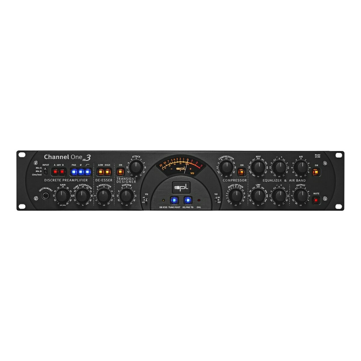 現代のサウンドに理想的な高品位チャンネル・ストリップ「Channel One Mk3」は、20年以上の実績を持つ高品質なチャンネルストリップの第3世代モデルです。新たに+/-18Vの高内部オーディオ電圧、改良されたプリアンプ、統合されたTransient Designer、Tube Saturation、2本のマイクのA/B比較オプションを搭載。定評のあるディエッサー、コンプレッサー、イコライザーも健在で、マイク、ライン、インストゥルメント信号のいずれも完璧に仕上げます。ディスクリート・マイクプリアンプはオープンで透明感があり、ダイナミクスを忠実に再現。さらに、未処理信号を同時録音できる「Preamp Out」や、DAWのアナログ・プラグインとしても使用できる柔軟性を備えています。ドイツ自社工場で製造され、高音質な音創りを約束する現代のフロントエンドです。Gain プリアンプの入力調整に使用します。マイク信号の場合、最大68 dBのゲイン増幅が可能なため、非常に扱いが難しいマイクでもその真価を発揮することができます。 ライン信号の調整範囲は、-20 dB～+16 dBです。インストゥルメント信号の調整範囲は-6 dB～+30 dBです。 Preamp Out - 最短でゴールに到達 -目的へ直結するダイレクトな出力- PREAMP OUTは、マイク・プリアンプ後の信号を直接出力します。Channel One Mk3のディエッサー、Tube Saturation、Transient Designer、コンプレッサー、EQなどを通過していない、純粋なプリアンプ出力です。通常の処理済み信号とは別に、Preamp OutをDAWの別トラックへ同時録音しておけば、安全用の未処理信号として残せます。 例えば、完璧なテイクでシンガーが想定より大きな声を出し、コンプレッサーが強くかかりすぎてしまった場合でも、Preamp Outの信号を使用して処理をやり直せます。 アナログ・プラグイン Channel One Mk3は、ラインレベル信号の処理にも使用できます。 オーディオインターフェースから出力したDAW内のトラックをLine Inへ入力し、ディエッサー、コンプレッサー、リミッター、イコライザーでアナログ処理を加えてDAWへ再録音できます。 インストゥルメント入力 低ノイズ設計のインストゥルメント入力を、アクセスしやすい前面(フロント・パネル)に搭載しています。 エレクトリックギター、エレクトリックベースなどのハイ・インピーダンス信号を直接入力できます。 PAD PADスイッチをオンにすると、マイク入力信号が20dB減衰します。 大音量のパーカッションや金管楽器など、非常に高い入力レベルの音源を収録する場合に有効です。 Φ：位相反転 入力信号の位相を180度反転します。 マイク、ライン、インストゥルメントの各入力信号に使用できます。 ハイパスフィルター 6dB/octのハイパスフィルターにより、80Hz以下の衝撃音や不要な低周波成分を低減します。 Tube Saturation - 魔法のような真空管サウンド Tube Saturationコントロールでは、真空管によるサチュレーション量を調整します。出力レベルは自動的に補正され、極端な設定でもレベル上昇は最大約6dBに抑えられます。 半導体回路のように一定レベルから急激にクリップするのではなく、真空管は限界へ緩やかに近づきながら、特有の倍音とソフトなコンプレッション効果を生み出します。設定量に応じて、以下のような効果が得られます。 ・繊細または積極的な倍音付加 ・音像の密度感の向上 ・丸みのあるソフトなリミッティング効果 ・音源の存在感とまとまりの向上 音響的な効果や用途は、テープ・サチュレーションにも近いものです。 De-Esser Auto-Dynamic De-Esserは、ミックスやボーカルトラックの耳障りな歯擦音を、自然かつ効果的に低減します。 歯擦音の周波数成分のみを検出し、位相を反転させて原音へ加えることで、不要なS音を相殺します。 Auto Threshold機能により、シンガーやナレーターとマイクの距離が変化した場合でも、設定した処理量を一定に保つことができます。 Low／High LowまたはHighスイッチで、ディエッサーの処理帯域を選択します。 これによりディエッサーの中心周波数が変わります。いずれのスイッチも押されていない場合、ディエッサーは有効になりません。Lowスイッチを押すと、中心周波数 6.4 kHz、帯域幅 4.4 kHz の低域ディエッサー・バンドが有効になります。Highスイッチを押すと、中心周波数 11.2 kHz、帯域幅 5.5 kHz の高域ディエッサー・バンドが有効になります。両方のスイッチを押すと、低域および高域のディエッサーが有効になります。 SPL Transient Designer ダイナミクス・プロセッシングの革命 Channel One Mk3には、SPL Transient Designerが内蔵されています。 レベルに依存せず、AttackとSustainという2つのコントロールだけで、音源の時間的なエンベロープを調整できます。 すべての時間定数は音楽的な方法で自動化されており、入力信号の特性に応じて適応的に最適化されます。 Attack 音源のアタック成分を最大±15dBの範囲で調整します。 ・プラス方向：トランジェントを強調します。 ・マイナス方向：トランジェントを抑えます。 ドラムやパーカッションの打点を明確にしたり、反対にアタックを柔らかくしたりできます。 Sustain 音源のサステイン成分を最大±24dBの範囲で調整します。 ・プラス方向：余韻を長くします。 ・マイナス方向：余韻を短くします。 ルーム成分を強調したり、ドラムの余韻を短くしてタイトにしたりできます。 Compressor コンプレッサーは、1つのノブだけで簡単に操作できます。 自然で目立ちにくく、音楽的なコンプレッションが特徴です。 Compression コンプレッサーのスレッショルドを0～－20dBの範囲で設定します。 スレッショルドを下げるほど、コンプレッションが強くかかります。 Make-Up Gain コンプレッションによって低下した全体のレベルを補正します。 調整範囲は0～＋20dBです。 Equalizer LMF LMFは、低域から中低域を処理するセミパラメトリック・フィルターです。 周波数範囲は30～700Hzで、4.5オクターブ分をカバーしており、MHFフィルターを合わせると全帯域をカバーしています。 ブースト／カットの調節範囲は±12dBで、フィルター方式はProportional-Qです。 ブースト／カット量を大きくするほど帯域幅が狭くなり、より精密な処理が可能になります。 主な用途は以下のとおりです。 ・ボーカルの基音を強調する ・こもりやブーミーな帯域を低減する ・ベースや低域の強い楽器をミックス内へ配置する ・録音時またはミックス時の低域バランスを整える MHF MHFは、中域から高域を処理するセミパラメトリック・フィルターです。 周波数範囲は680 Hzから15 kHzの間で設定可能であり、このフィルターは4.5オクターブの範囲をカバーするため、低中域から高域まで幅広く活用できます。 ブースト／カットの調節範囲は±12dBで、フィルター方式はProportional-Qです。 Air Airは、EQセクションの高域フィルターです。 コイルとコンデンサーによるLCフィルターを採用し、中心周波数19kHzのベル特性で動作します。調整範囲は±10dBです。 LCフィルター特有の柔らかく自然な音質により、ボーカルの高域に明瞭度、空気感、存在感を加えられます。 OnスイッチでEQセクション全体を有効にします。 優れた外観と操作感 そして、長期間の使用に耐える設計 厚さ4mmのブラック・アルマイト処理アルミニウム製フロントパネルと、アルミニウム削り出しノブを採用しています。 筐体は高品質なスチール製で、ブラックのパウダーコーティングが施されています。 オプション：Lundahlトランス Channel One Mk3には、オプションとしてLundahlトランスマイク入力用の入力トランスおよび出力Out 1用の出力トランスに搭載できます。 トランス搭載モデルの名称：Channel One Mk3 - Premium サウンド面での特徴 トランスは、電子バランス回路の代わりに入出力段で使用されます。 低域や基音に丸みとパンチを加え、高域や倍音成分をシルキーで存在感のある質感に整えます。 特にボーカルで効果的です。 一方、トランジェントの精密さや信号伝送の速度を最優先する場合は、電子バランス回路が適しています。 製品仕様アナログ入出力アナログ入出力: XLR (balanced)最大入力ゲイン (Mic, +9.5dB - +68 dB): 13.5 dBu最大入力ゲイン (Line, -20 dB - +16 dB): 22.5 dBu最大入力ゲイン (Instrument, -6 dB - +30dB): 15 dBu入力インピーダンス (Mic/Line): 10 kΩ入力インピーダンス (Instrument): 1.1 MΩ出力インピーダンス: 75 Ω周波数特性: 10 Hz - 200 kHzEquivalent Input Noise (EIN): -126 dBuノイズ (A-weighted, Mic Preamp, 150 Ω, 30 dB Gain): -95 dBuノイズ (A-weighted, Mic Preamp, 150 Ω, 50 dB Gain): -79.5 dBuノイズ (A-weighted, Mic Preamp, 150 Ω, 68 dB Gain): -61.7 dBuノイズ (A-weighted, Line/Instr Preamp, 600 Ω, 5 dB Gain): -96.5 dBuノイズ (A-weighted, Line/Instr Preamp, 600 Ω, 20 dB Gain): -84.7 dBu同相信号除去 (1 kHz) Mic input: 同相信号除去 (1 kHz) Line input: THD+N Ratio (1 kHz), Mic 30 dB Gain: 0.0022 %THD+N Ratio (1 kHz), Mic 50 dB Gain: 0.013 %THD+N Ratio (1 kHz), Mic 68 dB Gain (Max.): 0.048 %THD+N Ratio (1 kHz), Line 0 dB Gain: 0.0022 %THD+N Ratio (1 kHz), Line 16 dB Gain: 0.0017 %THD+N Ratio (1 kHz), Instr. Unity (100 kΩ Quell-Impedanz): 0.012 %内蔵リニア電源駆動電圧（アナログオーディオ）: +/-18 V駆動電圧（リレー回路・LED）: +12 VTubes anode voltage: +250 VTubes heating voltage: +12.6 Vファンタム電源: +48 V主電源入力電源電圧: 230 V AC / 50 Hz, 115 V AC / 60 Hzヒューズ（230 V）: T 315 mAヒューズ（115 V）: T 630 mA消費電力: 最大 22.3 W本体サイズ・重量W x H x D（横幅 x 高さ x 奥行）: 482 x 88 x 237 mm本体重量: 6 kgパッケージ重量: 7.6 kg現代のサウンドに理想的な高品位チャンネル・ストリップ