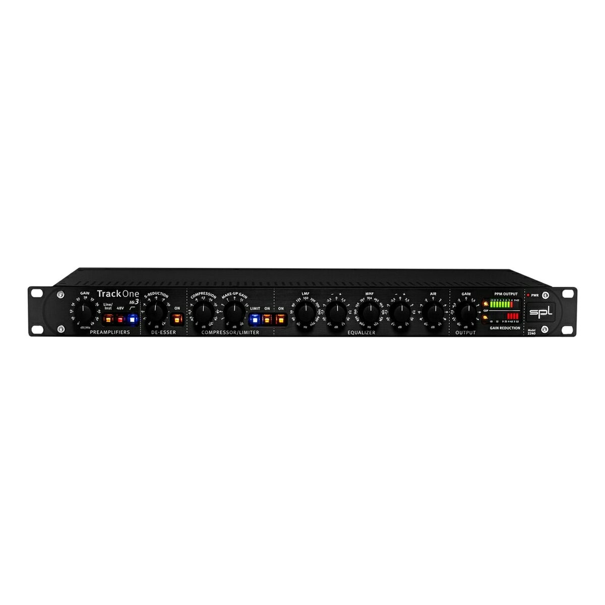 コンパクトで高機能、透明なサウンドのチャンネルストリップ「SPL Track One Mk3」は、コンパクトながら高機能なプロフェッショナル仕様のチャンネルストリップです。ニュートラルで透明感のあるマイク入力用と楽器入力用の2つの独立したプリアンプを搭載。さらに、SPL独自のAuto-Dynamic技術を採用し自然に歯擦音を低減するディエッサー、シンプルな操作で滑らかなダイナミクス処理が可能なコンプレッサー／リミッター、LMF・MHF・Airの3つのセクションからなる高品位なイコライザーを一体化しています。オーディオインターフェースと組み合わせることでアナログ・プラグインのようにも使用でき、様々な現場でボーカルや楽器の魅力を引き出す最適な音作りをサポートします。高品質なパーツを贅沢に使用し、堅牢なスチール製筐体とアルミ製フロントパネルを採用したドイツ自社工場製の信頼性に優れた一台です。Gain マイク入力では最大63 dB、ライン入力では－12～+22 dB、楽器入力では0～+35 dBのゲイン調整が可能です。これにより、出力レベルの低いマイクから高出力のライン機器まで、さまざまな信号ソースに対応できます。 アナログ・プラグインとして使用 オーディオインターフェイスなどから出力したライン信号をTrack One Mk3へ入力し、ディエッサー、コンプレッサー、リミッター、イコライザーで処理することもできます。処理後の信号をDAWへ再録音したり、DAWのハードウェアインサートとして使用したりすることで、Track One Mk3をアナログ・プラグインのように活用できます。 48Vファンタム電源 48Vスイッチをオンにすると、コンデンサーマイクに必要な48Vファンタム電源を有効にします。 Highpass filter ハイパスフィルターを有効にすると、80 Hz以下の周波数を6 dB/octで減衰させます。マイクスタンドを通じて伝わる振動、足音、空調音、ハンドリングノイズなど、不要な低域成分を軽減できます。 De-Esser Track One Mk3のDe-Esserは、SPL独自のAuto-Dynamic De-Esser技術を採用しています。位相キャンセルを利用し、声に含まれる耳障りな歯擦音だけを自然に低減します。Auto Threshold機能により、マイクとの距離が変化しても処理速度は一定に保たれます。その結果、サウンドはニュートラルで、目立たず、非常に効果的です。S-Reduction値を高く設定しても、De-Esser処理は声のキャラクターや音色に大きな影響を与えません。 S-Reductionノブで歯擦音の低減量を設定し、Onスイッチで機能を有効にします。 Compressor / Limiter Track One Mk3のコンプレッサーは、1つのノブを中心としたシンプルな操作で、自然かつ音楽的なダイナミクス処理を行えます。不要なノイズや歪みを抑えながら、目立ちすぎない滑らかなコンプレッションを実現します。 Compression Compressionノブでは、コンプレッサーのスレッショルドを0～－20 dBの範囲で設定します。スレッショルドが低いほど、コンプレッサーの作用が強くなります。 ゲインリダクション表示 コンプレッサーによる減衰量は、ゲインリダクション表示によって確認できます。表示は1.5 dB単位です。 Make-up Gain コンプレッションによって低下した信号レベルは、Make-up Gainノブで補正できます。0～+20 dBの範囲で出力レベルを調整できます。 Comp Onスイッチで、コンプレッサーセクションをオンにします。 Limiter Limiterスイッチをオンにすると、コンプレッサーがリミッターモードになります。スレッショルドはコンプレッションノブで設定します。このリミッターは、ソフトリミッターとして設計されています。 コンプレッサー・テクノロジー アタック、リリースなどの時間定数は、入力信号に応じて自動設定されるため、手動制御では到底実現できないほど、入力信号の変化する状況に的確に対応することができます。 リリースタイムも入力信号に応じて変化します。大きく急速なレベル変化には短い時間定数を使用し、小さな変化には長い時間定数を使用することで、歪みを抑えます。よって、自然で透明感のあるダイナミクス処理が可能となります。 Equalizer LMF LMFは、低域から中低域を処理するセミパラメトリック・フィルターです。周波数範囲は30～700Hzで、4.5オクターブ分をカバーしており、MHFフィルターを合わせると全帯域をカバーしています。ブースト／カットの調節範囲は±12dBで、フィルター方式はProportional-Qです。つまり、ブースト／カット量を大きくするほど帯域幅が狭くなり、より精密な処理が可能になります。 主な用途は以下のとおりです。 ・ボーカルの基音を強調する ・こもりやブーミーな帯域を低減する ・ベースや低域の強い楽器をミックス内へ配置する ・録音時またはミックス時の低域バランスを整える MHF MHFは、中域から高域を処理するセミパラメトリック・フィルターです。周波数範囲は680 Hzから15 kHzの間で設定可能であり、このフィルターは4.5オクターブの範囲をカバーするため、低中域から高域まで幅広く活用できます。ブースト／カットの調節範囲は±12dBで、フィルター方式はProportional-Qです。 Air Airは、EQセクションの高域フィルターです。コイルとコンデンサーによるLCフィルターを採用し、中心周波数19kHzのベル特性で動作します。調整範囲は±10dBです。 LCフィルター特有の柔らかく自然な音質により、ボーカルの高域に明瞭度、空気感、存在感を加えられます。反対にカット方向へ設定すると、耳障りな高域を滑らかで聴きやすい質感へ整えられます。 Output Gain Output Gainノブでは、Track One Mk3の最終出力レベルを－20～+5.5 dBの範囲で調整可能です。これにより、後段の機器やオプションのADコンバータに対して最適な駆動電力を供給できます。 出力信号のレベルは、PPM OUTPUTメーターで確認できます。 ディスプレイ Track One Mk3の表示セクションでは、入力信号、ディエッサーの動作、クリッピング、出力レベル、コンプレッサーのゲインリダクションを確認できます。 S-DET S-DET LEDは、ディエッサーが歯擦音を検出すると点灯します。この表示は、S-Reductionノブで設定した低減量とは独立して動作します。常に回路が歯擦音を検出しているため、制御が必要になる可能性のある箇所が一目でわかります。 CLIP CLIP LEDは、プリアンプ、コンプレッサー、イコライザー、出力セクションの各段階でオーバーロードを検出すると点灯します。 SIG SIG LEDは、入力信号が－30 dBを超えると点灯します。 PPM OUTPUT PPM OUTPUTメーターは、出力信号のピークレベルを表示します。プリアンプのゲインを設定する際のレベル確認にも使用できます。 入出力端子 Track One Mk3は、金メッキ接点を備えたNeutrik製XLR端子を採用しています。XLR入出力は電子バランス方式で、定格レベルは+6 dBuです。 Inputs マイク入力には、ダイナミックマイク、コンデンサーマイク、真空管マイク、リボンマイクなどを接続できます。コンデンサーマイク用の48Vファンタム電源も備えています。Instr./Line入力はアンバランス仕様です。入力インピーダンスが1 kΩ未満のD/Aコンバーター、シンセサイザー、サンプラーなどのライン機器に加え、ハイインピーダンスのエレキギターやベースなどの楽器にも対応します。 Outputs 出力端子は電子バランス方式で、スタジオ機器やオーディオインターフェイスへ接続できます。 Compressor Link 2台のTrack One Mk3のコンプレッサーをリンクし、ステレオ信号を処理できます。Master／Slaveスイッチを使用して、それぞれのユニットの役割を設定します。 堅牢な構造 厚さ4mmのブラック・アルマイト処理アルミニウム製フロントパネルと、アルミニウム削り出しノブを採用しています。筐体は高品質なスチール製で、ブラックのパウダーコーティングが施されています。 オプション：Lundahlトランス Track One Mk3には、オプションとしてLundahlトランスマイク入力用の入力トランスを搭載できます。 トランス搭載モデルの名称：Track One Mk3 - Premium サウンド面での特徴 トランスは、電子バランス回路の代わりに入出力段で使用されます。低域や基音に丸みとパンチを加え、高域や倍音成分をシルキーで存在感のある質感に整えます。特にボーカルで効果的です。一方、トランジェントの精密さや信号伝送の速度を最優先する場合は、電子バランス回路が適しています。 マイクプリアンプへの効果 マイク入力用に特別に設計された2161入力トランスは、使用するマイクによって最大約14dBのゲインを追加します。ノイズを増加させずに信号レベルを上げられるため、マイクプリアンプ回路の負担を軽減できます。 製品仕様アナログ入出力XLR & TRS端子※Instr./Line入力を除きバランス仕様最大入力ゲインMic: 10.6 dBuLine: 33.5 dBuInstrument: 21.5 dBu入力インピーダンスMic: 10 kΩLine: 47 kΩInstrument: 1.1 MΩ出力仕様最大出力レベル: 20 dBu出力インピーダンス: 75 Ω入力周波数特性 (Mic)10 Hz～195 kHzノイズ (マイクプリアンプ)A-weighted, 150 Ω・30 dB Gain: -94.5 dBu・50 dB Gain: -79 dBu・64 dB Gain: -65 dBuEquivalent Input Noise (EIN)-126.8 dBuノイズ (ライン/楽器プリアンプ)A-weighted・0 dB Gain: -97 dBu・10 dB Gain: -90.5 dBu・22 dB Gain: -79 dBu同相信号除去 / ダイナミックレンジ同相信号除去 (1 kHz): 80 dBダイナミックレンジ: 130.5 dB内蔵リニア電源駆動電圧（アナログオーディオ）: +/-15 Vファンタム電源: +48 V主電源入力電源電圧: 230 V AC / 50 Hz, 115 V AC / 60 Hzヒューズ（230 V）: T 200 mAヒューズ（115 V）: T 400 mA消費電力: 最大 15 Wサイズ・重量W x H x D: 482 x 44 x 210 mm本体重量: 3.4 kgパッケージ重量: 4.5 kgコンパクトで高機能、透明なサウンドのチャンネルストリップ