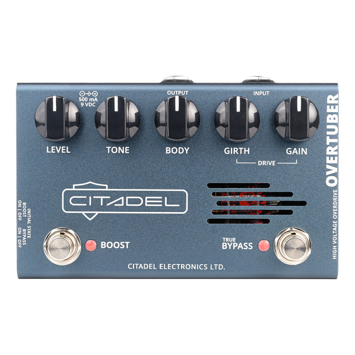 真空管を高電圧で覚醒させる次世代オーバードライブCitadel Electronics は、Marshall のテクニカル・ディレクター兼アンプ・デザイナーであった Santiago Alvarez と、Darkglass Electronics の最高技術責任者を務めていた Tommi Otsavaara の二人によって設立されました。Overtuber は、クラシックな Tube Driver ペダルを Citadel Electronics が独自解釈したドライブペダルです。自動バイアス・トポロジーによってプリアンプ管のパフォーマンスを最適化し、サウンドに一貫した倍音とダイナミクスをもたらします。また、高電圧の “BOOST” モードを有効にすることで音色の幅が広がります。ピッキングニュアンスを生かしながら、パワフルなブーストサウンドを叶えた新しいペダルです。現代に生まれ変わる、クラシックトーン Overtuber の開発のヒントは、クラシックな Tube Driver の熱心なファンである Joe Satriani と、Santiago Alvarez との対話から生まれました。 単にクラシック・ペダルのレプリカを作るのではなく、オリジナルをもとに、より進化した新しいペダルを構築するという理念のもと、このペダルにはかつてない進化した設計と実用的な機能が盛り込まれています。 David Gilmour、Eric Johnson、Joe Satriani らレジェンドたちに愛された太く温かいトーン。これを現代へ再解釈したのが、Overtuber です。 真空管アンプの改良により、豊かな音色を Tube Driver で問題になっていた弱点として、使用する真空管によって挙動が大きく変わる点が挙げられます。これを解決するため、Overtuber ではバイアスの自動調整回路を採用。使用できる真空管の選択肢の幅が大きく広がりました。 また、真空管は高増幅率を有する ECC83（12AX7）規格を中心に設計。動作テストを行い、もっとも良いパフォーマンスを示したものを搭載しています。 こうした改良によって、アンプライクでナチュラルなオーバードライブ、真空管特有の伸びやかなサウンドが実現しました。 ノブコントロールで、歪みの重心、厚みを自在に Overtuber ならではのコントロールが、GIRTH ノブと BODY ノブです。GIRTH は歪みの前段での低域量を、BODY は後段での低域量をコントロールします。 GIRTH は、低く設定すると低域がタイトになり、高く設定するとシングルコイルなどのブライトなピックアップを補います。あるいは、よりファズっぽいサウンドを作ることも可能です。 BODY は、一般的なアンプやエフェクターの BASS ノブに当たります。サウンドの厚みや、歪みのキャラクターを変化させることが可能で、低域調整だけでなく中域のバランスにも影響します。 電源オンにした時のブースト / バイパス状態を設定する Initial State 大きなペダルボードやスイッチング・システムを使うミュージシャンにうってつけなのが、Initial State です。 この機能があることで、演奏を始める前にペダル1つ1つを踏んでブーストやバイパスの状態を確認する手間を省くことができます。 例えばペダルボードの電源を入れたときに、バイパスをオフにした状態、ブーストをオンにした状態、両方オンなど、あらかじめ決めた状態で起動させることが可能。ステージで頼れる相棒となるでしょう。 パワー・サプライで動作する機動力 Overtuber は500mA の電流を必要とします。真空管のヒーターを温めるために 6.3V で約 300mA、 BOOST モード時には 9V 電源から約 120V を生成するためです。 多くのプレイヤーが使用する一般的な 500mA のパワーサプライで、ここまでパワフルなハイ・ボルテージ・オーバードライブの提供を実現しました。 その機動力をぜひ、あなたのボードでお試しください。 コントロール詳細 LEVEL ペダルの出力ボリュームをコントロールします。 TONE 高域特性を調整し、トーンの明るさを微調整します。 BODY 歪み後の低域を調整し、サウンド全体の厚みや豊かさをコントロールします。 GIRTH 低域のサチュレーションを強め、“GAIN” コントロールと相互作用します。 GAIN 全体のサチュレーションを調整し、全周波数帯域における歪み量を設定します。低域のサチュレーションをコントロールする “GIRTH” と相互作用し、オーバードライブの深さと強さを微調整できます。 BOOST 約120Vの高電圧により、音量を増幅させます。 TRUE BYPASS（起動状態切り替え機能付き） サイドのスイッチでペダルの起動状態（オン／バイパス）を設定できます。 製品仕様入力インピーダンス1 MΩ出力インピーダンス5 kΩ寸法136 x 88 x 58 mm、500 g電源（別売）+9VDC、センターマイナス、500mA真空管を高電圧で覚醒させる次世代オーバードライブ