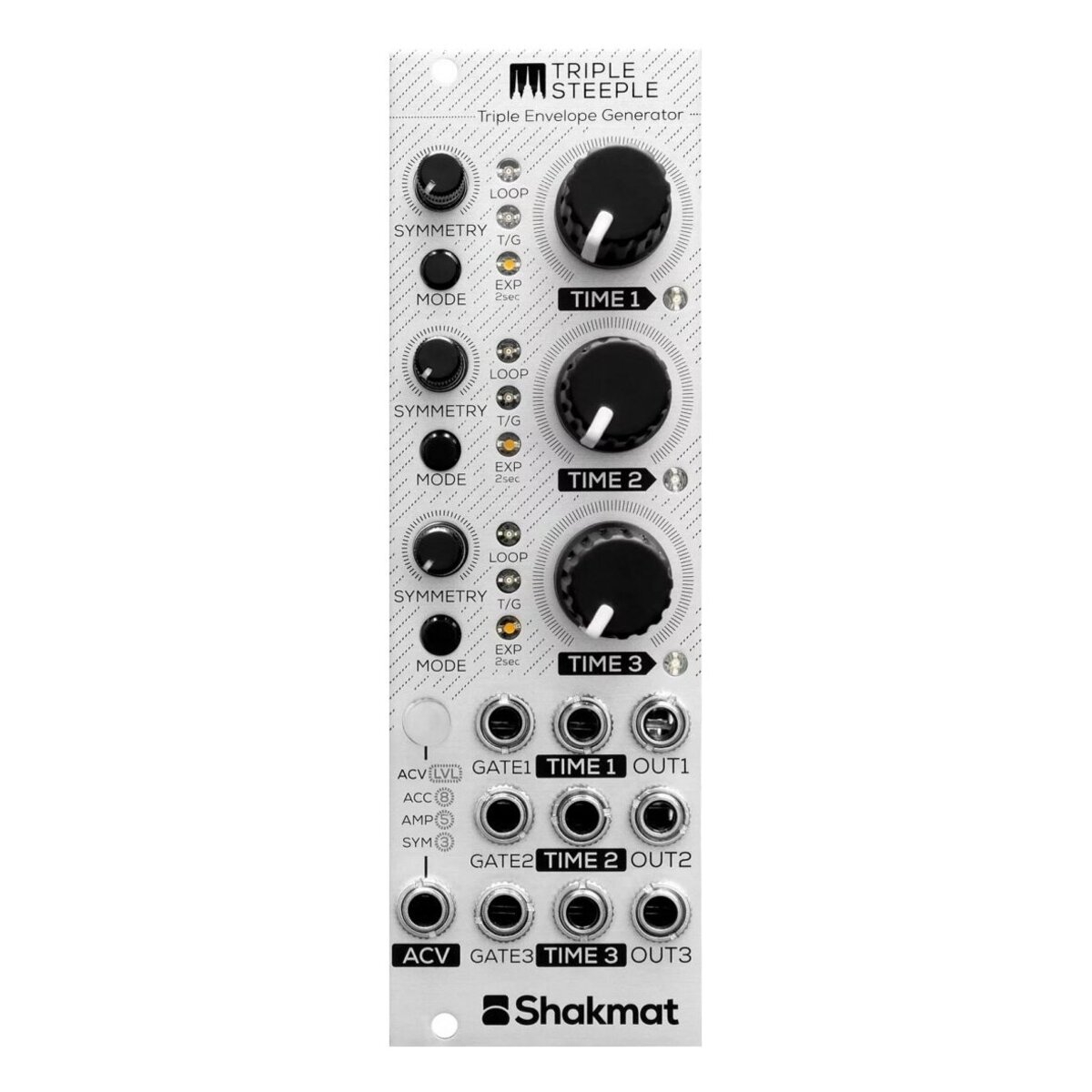 時間と対称性を操る3chエンベロープ・ジェネレーターTriple Steepleは、時間（Time）と対称性（Symmetry）を独立してコントロールできる3チャンネルのエンベロープ・ジェネレーターです。5つのエンベロープ・モード、リニアまたはエキスポネンシャル・レスポンス、CVによる時間制御、アサイナブルなCV入力、および内部ノーマライゼーションを備えており、基本的なエンベロープ形状から複雑なモジュレーション信号の生成まで、システム内で多種多様なモジュレーションを可能にします。主な特徴 ・時間と対称性を専用にコントロールできる3チャンネル・エンベロープ・ジェネレーター ・5つの動作モード：triggered（トリガー）、gated（ゲート）、looped（ループ）、gated loop（ゲート・ループ）、clocked loop（クロック・ループ） ・リニアまたはエキスポネンシャル・レスポンス ・エンベロープ・レベルの設定が可能 ・タイミング：2.5 ms〜15秒（最小アタックまたはデケイ時間は250マイクロ秒） ・アサイナブルなCV入力を活用したVCAおよびアクセント・モード ・インプットおよびアウトプットのノーマライゼーション（内部結線） ・現在の状態を保存可能 ・Skiffフレンドリーな設計 ・Djtechtools社製のラバー注入高品質ポット（ノブ）を採用 製品仕様サイズ（幅）8HP奥行き21mm消費電流（+12v）50mA消費電流（-12v）8mA時間と対称性を操る3chエンベロープ・ジェネレーター
