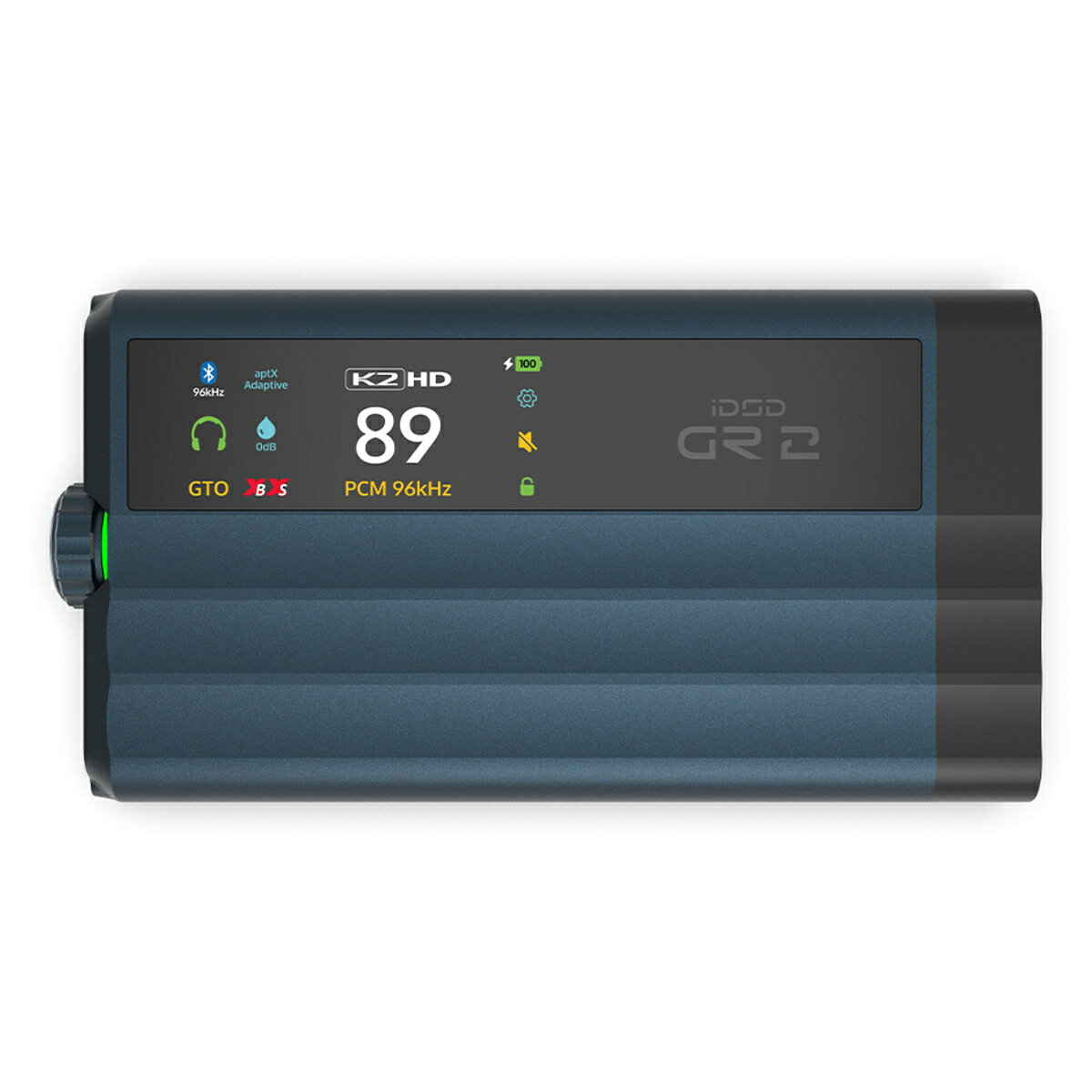 伝説の完成形。PCM1795初採用の最上位ポータブルDAC「iDSD GR 2」は、伝説的なポータブルDAC「xDSD Gryphon」を内部から完全に作り直した完成形モデルです。iFi audio初のBurr-Brown PCM1795（電流出力型・32bitネイティブ処理）を核とし、新設計シグナルパスやフルバランス回路により前モデル比50％増の最大1,513mW（32Ω）という圧倒的駆動力を実現。JVCケンウッドのK2HD技術による倍音復元、カラーOLEDタッチスクリーン、最新のBluetooth 5.4（aptX Lossless/LDAC対応）、豊富なデジタル・アナログ入出力を搭載しています。ハイブリッドパワーモードでバッテリー劣化を防ぎ、専用アプリ「iFi Nexis」にも対応。音質、多才さ、操作性を極限まで高めた最上位クラスのポータブルDACアンプです。iFi audio初採用のBurr-Brown PCM1795。32bitネイティブ処理を実現する電流出力型DAC iDSD GR 2の心臓部には、iFi audio製品として初めてプレミアムDACチップ「Burr-Brown PCM1795」を搭載。32bitネイティブ処理により、歪みを抑えながらダイナミックレンジを拡大し、iFi audioならではの有機的で滑らかなアナログライクサウンドを継承します。電流出力型アーキテクチャの採用により、I/V変換段から出力段までを独自設計する自由度を確保。不要な電子スイッチングを信号経路から排除し、隠れていた音のテクスチャーまで浮かび上がらせる透明なデジタル変換を実現しました。 カスタムClass Aオペアンプによるフルバランス回路。前モデル比50%増、最大1,513mWの駆動力 完全に再設計されたアナログ回路には、カスタムClass Aオペアンプを採用。プリアンプ部からヘッドホン段まで一貫したフルバランス構成により、クロストークと歪みを最小限に抑えながら、最大1,513mW RMS（32Ω）というxDSD Gryphon比50%増の出力を達成しました。駆動の難しいフルサイズのプラナー型ヘッドホンにも対応。さらに低インピーダンスMOSFETを用いた改良版iEMatch回路により、高感度IEMでもヒスノイズを抑え、静けさの中で音楽を楽しめます。 JVCケンウッドのK2テクノロジー「K2HD」搭載。デジタル化で失われた倍音を復元 デジタル録音の過程で失われがちな高域の倍音成分をインテリジェントに再構築する、JVCケンウッドのK2テクノロジー「K2HD」を搭載。デジタル音源特有の平坦さを解消し、本来の豊かなハーモニクスと音色の密度を取り戻します。またアップサンプリングを行わずに倍音補完のみを適用する「K2」モードも選択可能。音源の純度を重視するリスナーにも柔軟に応えます。 ＊「K2」「K2 HD」はJVCケンウッド株式会社の商標または登録商標です。 新搭載のカラーOLEDタッチスクリーンで、直感的なコントロールを実現 複雑なボタン操作や階層メニューはもう必要ありません。iDSD GR 2は鮮やかなカラーOLEDディスプレイと応答性の高い静電容量式タッチスクリーンを新搭載。入力切り替え、ゲイン、デジタルフィルター、Bluetoothステータス、バッテリー情報などの主要な設定へ素早くアクセスでき、リアルタイムの音質調整が快適に行えます。 aptX Lossless／LDAC対応のBluetooth 5.4で、ワイヤレスでもロスレス再生 ワイヤレス接続はBluetooth 5.4に対応し、CDクオリティのビットパーフェクト伝送を可能にするaptX Losslessをはじめ、aptX Adaptive、aptX、LDAC、LHDC/HWA、AAC、SBCと幅広いコーデックをサポート。スマートホンやタブレット、ノートPCから、音質を妥協することなくワイヤレスリスニングを楽しめます。 USB、S/PDIF、アナログライン入力を網羅。システムの中核となる接続性 入力はUSB Type-C、S/PDIF（光／同軸）、Bluetoothに加え、4.4mmバランスと3.5mmのアナログライン入力を装備。出力も4.4mmバランス／3.5mm S-Balancedのヘッドホン出力とライン出力を備え、ポータブル用途からデスクトップのプリアンプ用途まで、あらゆるシステムの中核として活躍します。対応フォーマットはPCM 768kHz、DSD512までのハイレゾ再生をサポートします。 バッテリーの劣化を抑えるハイブリッドパワーモードと、大容量4,900mAhバッテリー 外部電源接続時には外部電源を優先し、アンプ部が大きな電流を必要とする瞬間のみバッテリーから供給するハイブリッドパワーモードを新搭載。不要な充放電サイクルを減らし, バッテリーの長期的な健全性を守ります。4,900mAhの大容量リチウムポリマーバッテリーにより、約7時間の連続再生が可能です。 iFi Nexisアプリ対応。OTAファームウェア更新と高度なカスタマイズ iFi Nexisアプリとの連携に対応し、スマートホンから直接ファームウェアのOTA更新や詳細な設定変更が可能。XBass+やXSpaceといったiFi audio独自のアナログ音場補正機能や、BP／GTO／MIN／STDの4種類のデジタルフィルターと組み合わせることで、好みに合わせた音作りを楽しめます。 製品仕様オーディオ・DAC仕様DACチップ：Burr-Brown PCM1795対応フォーマット：PCM 32bit/768kHz、DSD512入出力端子デジタル入力：USB Type-C、S/PDIF（光／同軸）、Bluetooth 5.4アナログ入出力：4.4mmバランス、3.5mmシングルエンドヘッドホン出力：4.4mmバランス、3.5mm S-Balancedアンプ・オーディオ性能最大出力：1,513mW（32Ω、4.4mmバランス）SN比／ダイナミックレンジ：115dB(A)（全出力）デジタルフィルター：BP、GTO、MIN、STDBluetoothバージョン：5.4対応コーデック：aptX Lossless、aptX Adaptive、aptX、LDAC、LHDC/HWA、AAC、SBC電源・バッテリー電源入力：USB Type-C（5V／>1.8A）バッテリー：リチウムポリマー4,900mAh（連続再生約7時間）サイズ・質量本体サイズ：141×75×19mm質量：268g付属品USB Type-A to USB Type-Cケーブル／USB Type-C to USB Type-Cケーブル／USB Type-C to Lightningケーブル／マイクロファイバー保護ポーチ伝説の完成形。PCM1795初採用の最上位ポータブルDAC