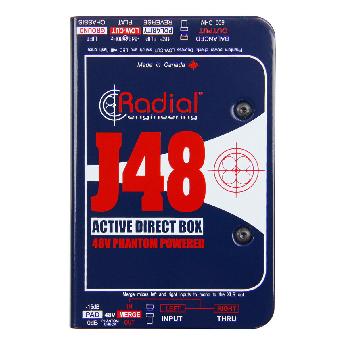 ファンタムパワー駆動のアクティブDIRadial J48は、楽器が持つサウンドを歪みやアーチファクトを加えることなく再生するファンタムパワー駆動のアクティブDIです。多くのアクティブDIで起こる問題として、楽器からのインプット・ボルテージがDIの内部動作電圧を超えた時に、矩形波歪みが発生することが挙げられます。その結果、内部動作電圧が低いと、アクティブベースや広いダイナミクスを持つアコースティックギターのサウンドを正確に再生することができません。この問題を解決するためにRadial J48は、本体に内蔵したスイッチング・パワーサプライを使い、一般的なDIに見られる3V程度の内部動作電圧を9Vまで引き上げています。このため十分なヘッドルームを持つことが可能となり、大きな信号に対しても歪みのない原音に忠実なサウンドを提供します。 またRadial J48は、位相反転スイッチ、15dBパッド・スイッチ、グランドリフト・スイッチに加えて、独自のユニークなステレオ to モノ・マージ・スイッチ、80Hzハイパスフィルター・スイッチを備えています。ハイパスフィルターは、不要な低域をカットしミッド、ハイの抜けを良くすることもできます。 ステレオ to モノ・マージ機能 J48にあるMERGEスイッチを押すと、INPUTとTHRUに挿した信号を内部でミックスし、その信号をメインXLRから出力するようになります。ライブでミキサーのチャンネルが不足している場合等に、この機能によりチャンネル数の節約が可能です。 ※以前「J48 mk2」とプリントのあるモデルが販売されていましたが、現在は「J48」のみです。 以前のモデルとはロゴマークなども変わっておりますが、中身は同じです。 主な特長 ・ステレオ・トゥ・モノ・マージスイッチ ・位相反転スイッチ ・ハイパス（80Hz）ランブルフィルター ・ファントムチェックLED ・耐久性の高いシャッシー ・不意にスイッチの設定が変わらないブックカバーデザイン ・グランドループを防止するアイソレーションパッド 製品仕様SpecificationsSpecifications are subject to change without notice. Audio circuit type: Proprietary analog circuit with low-noise op-amp Frequency response: 20Hz ~ 20kHz Dynamic range: 109dB Noise floor: -99dB below 0dBu Equivalent input noise: -103dBu Maximum input: +10dBu Phase deviation: +10º at 20Hz | 0º at 1kHz | -1º at 20kHz Total harmonic distortion: 0.002% @ -5dBu Inter-modulation distortion: 0.003% @ -3dBu Input impedance: 220kΩ - ¼" input Output impedance: 600Ω - XLR outputFeaturesMerge function: IN and THRU jacks are summed to mono Input pad: -15dB Polarity: 180º signal polarity reverse switch Low-cut filter: -3 dB @ 80Hz Ground lift: Disconnects pin-1 at XLR output XLR configuration: AES standard (pin-2 hot)Power: 48V phantom - proprietary digital switching Construction: 14 gauge steel chassis and outer shell Finish: Durable powder coat Size: 3.3" x 5.0" x 2" (84 x 127 x 48mm) Weight: 1.55 lb (720 g) FCC approval: Complies with section 15 of the FCC Rules Conditions: For use in dry locations only between 5°C and 40°Cファンタムパワー駆動のアクティブDI