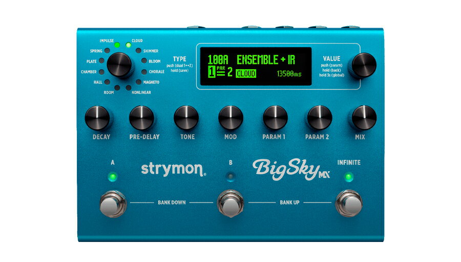 製品概要 リバーブペダルの新たな頂点がここに到来しました。BigSky MXは、3コア800MHz ARMプロセッサーによる強力な演算処理能力を生かした革新的なアルゴリズムデザインと、完璧な音響クラフトマンとの出会いによって、驚くほど新しいレベルの豊かさと複雑さを備えた、ポジティブで崇高なリバーブを提供します。それらは、新しく創造的な作品やエンドレスな演奏を刺激するサウンドです。 ・7種類の新開発リバーブ・アルゴリズム ・さらに磨かれた5種類の定番リバーブ・アルゴリズム ・インパルスレスポンス技術によって実現した前例のないリバーブエフェクト ・2台のリバーブを同時に使用可能 ・超高音質設計：116dBのダイナミックレンジ ・3コア800MHz ARMプロセッサー採用 ・32ビット浮動小数点演算プロセッシング ・A/D & D/A：24-bit/96kHz ・ステレオ入出力 ・ディスクリート・クラス A JFETプリアンプ ・楽器およびラインレベル信号の入力レベルが選択可能 ・デジタル変換されないゼロレイテンシーのドライ信号用のアナログドライパス ・選択可能なトゥルーバイパス、または、バッファードバイパス ・エクスプレッション・ペダル機能 ・最大300プリセットが保存可能 ・フリーズまたはインフィニティ機能を切り替えるINFINITEスイッチ ・USB-C ジャック搭載 すべてを支配するOne Verb BigSky MXは、驚くべき量のプレミアム機能を1つのペダルに詰め込みました。 それは、たった1台のリバーブですべてを支配できるほどに。 ・12台のワールドクラス・リバーブマシン BigSky MXは、クラシックアルゴリズムの大幅な機能強化に加えて、7つの新しいアルゴリズムを追加搭載しました。 ・10秒に及ぶインパルスレスポンスの再生 完全な編集機能とクラシックなスタジオ機材のカスタムIRを備えています。 ・専用のインフィニティ/フリーズフットスイッチ リバーブオーバーのプレイを可能にする豪華なパッドが作成できます。 ・2台のリバーブを同時に 一度に 2台のリバーブをシリーズ、パラレル、スプリットオーディオルーティングでの再生が可能です。さらに、新しくリバーブエンジンごとのパンコントロールも搭載しました。 ・ステレオ入出力 StrymonデザインのディスクリートクラスA JFET入力プリアンプを使用しています。 ・DIN & TRS MIDI さらにUSB-C、エクスプレッション・ペダルなどをすべて備えた、堅牢で使いやすいエレガントなペダルです。 製品仕様オーディオ・クオリティ・高性能800MHzトライコアARMプロセッサー・32-bit 浮動小数点演算プロセッシング・24-bit 96kHz A/D & D/A コンバーター・SN比：≦116dB・ハイエンドHifiレベルの入出力アナログ・セクション入出力・ステレオ In & Out・入力インピーダンス：1M Ohm・出力インピーダンス：100 Ohm・最大入力レベル：+10dBu・バイパス：トゥルー・バイパス / アナログ・バッファード・バイパス・アナログ・ドライ・パス設計（原音はAD変換されません）・エクスプレッションペダル・MIDI In & Out・USB Type-Cハードウェアとコントロール・最大300プリセット・OLEDディスプレイ・フルMIDI機能を搭載その他・入力電圧：9VDC 2.1mm センターマイナス、500mA（※電源アダプターは別売）・サイズ：172mm（幅）×127mm（縦）×33mm / 48mm（高）・軽量、堅牢なアルマイト処理アルミシャーシを採用・Made in USAMX......まさに、リバーブ新時代の到来