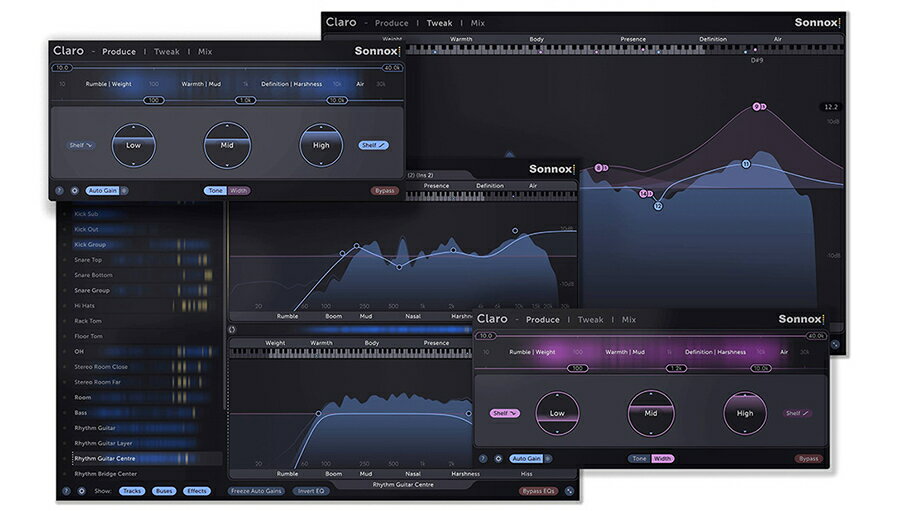 ダウンロード版（代引き不可製品） 本製品はパッケージのご用意がないため、代引きでのお支払いはお受け付けできません。何卒ご了承いただけますようお願い申し上げます。 キャンセル不可製品 本製品はメールでのシリアル納品後の変更/返品/キャンセルはできません。事前に製品内容を充分にご確認ください。 製品概要 Claroは、作曲からミックスの最終段までの制作プロセスを支えるイコライザーです。3つの明確なビューを通して、集中力を維持し、ワークフローを加速させます。 PRODUCE Claroは、音楽の創造性を積極的に促進する、創造的で合理的なEQです。PRODUCEセクションでは大まかなEQの調整を行います。独自のオートゲインにより、各帯域の調整を行っても音量の変化は発生しません。 TWEAK PRODUCEの結果をもとに、さらなる補正を行います。Sonnoxのトレードマークである透明感をさらに高める、最もクリーンでフレキシブルなEQ効果を得ることができます。 MIX ミックスを理解して組み立てるために必要な情報はすべてここにあります。すべてのトラックがコンテクストで表示され、優先順位をつけたり、異なるトラック間の相互作用を調べたり、スペースを奪い合っているトラックの周波数の処理にすばやく対処することができます。 まずは全体を整え、後から細部を調整 流れを止めずにEQをコントロール - EQカーブが正しいかどうかよりも、どこにエネルギーがあるのか、どのようなトーン特性を実現したいのかにまずは焦点を当てましょう。 ミッドサイドEQは、ステレオのシンセサウンドやループの調整に欠かせません。トーン・シェイピングと同様に、Widthモードに切り替えてサイドチャンネルのエネルギーがどこから来ているかを確認し、それを微調整することも可能です。 実用的なオートゲイン 他のEQでおなじみのオートゲインではありません。Claroのオートゲインはユニークな方法で動作し、どのようにシェイプしても、シェイプされたトラックを同じラウドネスに保つことができます。 ブーストさせてもミックスのバランスが崩れたり、他のトラックと競合が発生することはありません。 音を「彫刻」する フィルターのレゾナンスを調整したり、左右やミッド／サイドの幅のバランスを調整したり、箱鳴りや不快なピークの原因となる共鳴部分を減衰させたりするために、より細かい部分にまで踏み込む必要がある場合があります。 Claroのアダプティブ・スペクトラム・アナライザーは、チャンネル（左、右、中間、サイド、ステレオ）と選択中のバンドのQに沿って、必要な情報を表示します。もうブーストやスイープをする必要はありません。Claroは共振を識別し、減衰させたい量や量をコントロールすることができます。 マルチトラック・ワークスペース リード・エレメントを中心に細かい調整を重ねてミックスを洗練させていくスキルを身につけましょう。 プロジェクト全体の「Claroインスタンス」を見ることができます。トラック同士のエネルギーがどのように相互作用し、ある音が他の音を「マスク」して聞こえにくくしているかを確認できます。ドラッグ＆ドロップで、トラックの組み合わせに応じたEQの調整が可能です。 各トラックがトップのEQスロットと相互に影響し合い、一緒に聴くとブーミーな音、濁った音、きつい音になる可能性があるエリアは黄色にマークされます。 クリーンなサウンド Claroでは、これまで以上にスムーズなパラメータの補完を実現していますが、なぜそれが重要なのでしょうか？パラメーターが自動化されると、「ジッパー」ノイズやその他のオーディオ的な人工ノイズ、歪みが発生します。 下のグラフは、3つの異なるEQプラグインで再生したテストトーンの3つのグラフです。 中央と右の2つのグラフは、現在販売されているデジタルEQの中で最も人気があり、最も売れているものです。 このグラフは、ローカットフィルターをかけたときのノイズ出力を示しています。1番左のグラフ、これこそが私たちの求める音です。2kHzの音以外のコンテンツは、歪みや不要なノイズとして聞こえてしまいます。制作過程に合わせてUIを変更可能。ワークフローを加速させるEQ！