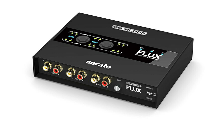 製品概要 Reloop Fluxは、Serato DJ ProをターンテーブルやCDJ、その他のメディアプレーヤーで使用するための次世代USB-Cインターフェースです。「優れたオーディオ品質」「洗練された操作コンセプト」「クラブ対応のデザイン」を誇り、従来のミキサーをプロフェッショナルなデジタル・ヴァイナル・システム（DVS）に変身させることができます。 最大限の柔軟性 3系統のステレオ入力により、DJの自由度を極限まで高めています。ターンテーブルやCDJなどを自由に組み合わせて使用することができ、設定はDIPスイッチで行うため、明かりの少ないクラブ現場での誤操作を防ぎます。インターフェースには、Serato DJ Proの内蔵サンプラーに接続できるAUX出力を含む、3系統のステレオ出力。金メッキを施した耐腐食性の高いRCAジャックを採用し、高品質なオーディオ伝送を実現しています。 フルコントロール Fluxは、すべての入出力にシグナルフローLEDとThruステータスインジケーターを搭載し、ルーティングの状況をひと目で確認することができます。インターフェース上部の接続ステータス（ハブ、PD、DC）LEDインジケーターは、電源供給の状態や外部デバイスの接続情報を視覚的に提供します。また、インターフェース上部のDirect Thruボタンにより、ソフトウェアを操作することなく、Thruモードのオン・オフを素早く簡単に切り替えることができます。 USBハブ内蔵 Fluxには、MIDIコントローラーやその他のUSBアクセサリーを接続するための2ポートのUSB-Aハブが内蔵されています。接続の選択肢が広がるだけでなく、ノートパソコンがなくてもセットアップを維持できるため、クラブ環境での潜在的な接続トラブルを減らすことができます。 24 bit / 96 kHzのスタジオクオリティ Fluxは、24 bit / 96 kHz、高品位デジタル / アナログコンバーター、超低レイテンシーにより、スタジオクオリティの高音質を提供します。音楽制作用のオーディオインターフェース ※ としても使用できる、優れたDVSインターフェースです。 （※ Windows版の専用ASIOドライバーを提供） バスパワー駆動 Fluxはコンピューターからの電源供給（バスパワー）で駆動するため、オーディオケーブルや電源ケーブルの配線が最小限で済みます。また、USB-C DC入力を通じて外部電源から給電することができ、ターンテーブルやCDJを、コンピューターが接続されていない状態でもThruモードで使用することができます。Fluxの2つ目のUSB-Cポートは、MacBookなど他のUSB-Cデバイス（最大60W）のPower Deliveryに対応しています。 優れた堅牢性と耐久性を誇る金属製ボディ Fluxは、耐久性のある金属製ハウジングで、端子接続部を守る独自のデザインを採用。表面は傷のつきにくい黒色で、酷使されても長寿命を誇ります。 プラグ＆プレイでSerato DJ Proに対応 Fluxには、Serato DJ ProとSerato DVSのライセンスが含まれ、接続するだけですべての機能が使用可能になり、最新のデジタル・ヴァイナル・システム（DVS）をすぐに使いこなすことができるようになります。追加のライセンスは必要ありません。 製品仕様電源・USBバスパワー対応・推奨電源：2 A以上・最小電源：400 mA・最大USB-PDスループット：60 W・最大USBハブ電源出力：0.8 A = 8 W（x 2ポート）・Supported external USB（type A or C）・電源供給：5 V/1 A – 20 V/3 A・電源供給優先順位：FLUX self-power -> USB Hub -> PD（to PC）オーディオ・S/N比（output reference level 1 kHz, +4 dB）：Deck In（LINE signal input：0 dBV）：> 83 dBDeck In（PHONO signal input：-32 dBV）：> 73 dB・THD + N：LINE signal input：-4 dBV @1K / PHONO signal input：-36 dBV @1K / ・最大ゲイン：Deck In（LINE）：+4 dB ± 2 dBDeck In（PHONO）：+36 dB ± 2 dB・最大入力（1 kHz, THD=1%）：Deck In（LINE）：> +7 dBVDeck In（PHONO）：> -25 dBV・最大出力（1 kHz, THD=1%）：Deck Output：> +11 dBVUSB・USBオーディオインターフェース（24 bit/44.1 kHz、48 kHz、88.2 kHz、96 kHz）・USB 2.0 high-speed（480 Mbit/s）・クラスコンプライアント・USB Power Delivery Protocol 3.0一般・サイズ（W x D x H）：160 x 120 x 34 mm ・質量：0.85 kg同梱品・User Manual（英文）・1x USB type C/Cケーブル・1x USB type C/Aケーブル・2x RCAケーブル・取扱説明書・製品保証書6×6 IN/OUT USB-C対応DVSインターフェース