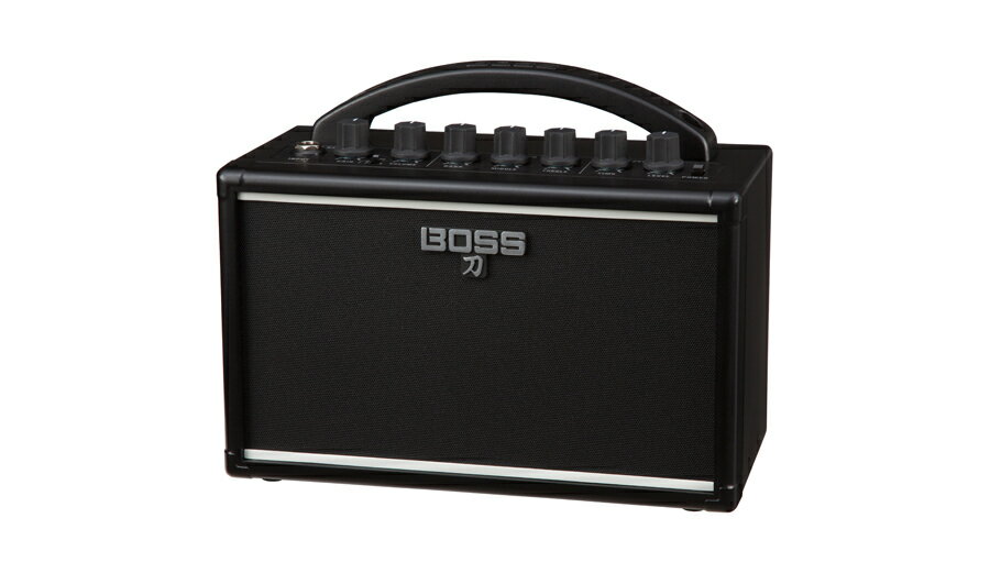 【製品概要】 2016 年に登場したBOSSの“KATANA AMP” シリーズは、クラスを超えたサウンドや本格的なチューブ・レスポンス、充実したエフェクトを搭載。フラッグシップ・モデル“WAZA AMP” のエッセンスを取り込んだロック・アンプです。KATANAMINIは、リーズナブルなプライスで、バッテリー駆動と高い可搬性を実現。ベッドルームでの演奏や屋外での演奏、レコーディングまで、様々なシチュエーションでの演奏をお楽しみ頂けるロック・アンプです。フルサイズのステージ・アンプと同じように、段階的に歪みをアップさせていくアナログ・ゲイン回路により、クリーンからハイゲインまで、繊細なピッキング・ニュアンスを反映する表現力豊かなサウンドを実現。3つのアンプ・タイプを搭載しており、“BROWN” は、世界のトップ・ギタリストが求めるBOSSのフラッグシップ・モデル“WAZA AMP” からノウハウを受け継いだ洗練されたハイゲイン・サウンド。“CRUNCH” は、ロックやブルースに最適な表現力のあるドライブサウンド、“CLEAN” は、ダイナミック・レンジの広い、鮮明で芯のあるトーンを再現しています。また、幅広い音作りを可能にする本格的なトーン・スタック回路を備えた3 バンドEQと、温かみのあるディレイも搭載。PHONES/REC OUTはキャビネットの鳴りを再現したサウンド出力が行えるので、時間や場所を選ばずに納得のサウンドで演奏できます。スマートフォンや他の再生デバイスからの音楽と一緒にセッションするためのAUX入力ジャックも装備されているので、演奏の楽しみがますます広がります。・アナログ・ゲイン回路による3つのアンプ・タイプを搭載（BROWN/CRUNCH/LEAD）・段階的に歪みをアップさせていく方式により、クリーンからディストーションまで常に表現力豊かなサウンドを実現。・本格的なトーン・スタック回路による3バンドEQ（BASS/MIDDLE/TREBLE）により、幅広いサウンド・セッティングが可能・温かみのあるディレイ（TIME/LEVELのコントロール可能）を搭載・オーディオ・プレイヤーの接続が可能なAUX IN端子（ステレオ・ミニ）搭載・練習やレコーディングで活躍するPHONES/REC OUT端子（ステレオ・ミニ）を装備・持ち運びが便利なハンドルを装備・4インチ（10cm）のカスタム・スピーカー搭載。最大出力7W・ACアダプター（PSB-1U）、もしくはバッテリーで駆動可能な2WAY電源方式（ 単三電池6本。アルカリ：7時間、ニッケル水素：9時間） 製品仕様定格出力7W規定入力レベルINPUT端子：-10dBu（1M Ω）AUX IN端子＝ -10dBu（20k Ω）スピーカー10cm（4インチ）コントロール・POWER（電源）スイッチ・TYPE スイッチ・GAIN つまみ・VOLUME つまみ＜ EQUALIZER ＞・ BASS つまみ・MIDDLE つまみ・TREBLE つまみ＜ DELAY ＞ ・TIME つまみ・LEVEL つまみインジケーターPOWER接続端子INPUT 端子：標準タイプAUX IN 端子：ステレオミニタイプPHONES/REC OUT 端子：ステレオミニタイプDC IN 端子電源アルカリ電池（単3 形）× 6充電式ニッケル水素電池（単3 形）×6 またはAC アダプター（別売り）消費電流350mA連続使用時の電池の寿命アルカリ電池＝約7 時間充電式ニッケル水素電池＝約9 時間（容量2500mAh 使用時）※電池容量や使用状態によって異なります。外形寸法幅：230mm奥行：116mm高さ：181mm質量1.2kg（電池含む）付属品取扱説明書アルカリ電池（単3 形）x 6保証書ローランド ユーザー登録カード別売品ACアダプター（PSB-100） ※製品仕様は、予告なく変更になる場合がございます。あらかじめご了承下さい。“KATANA AMP”シリーズにバッテリー駆動可能なポータブル・タイプが登場