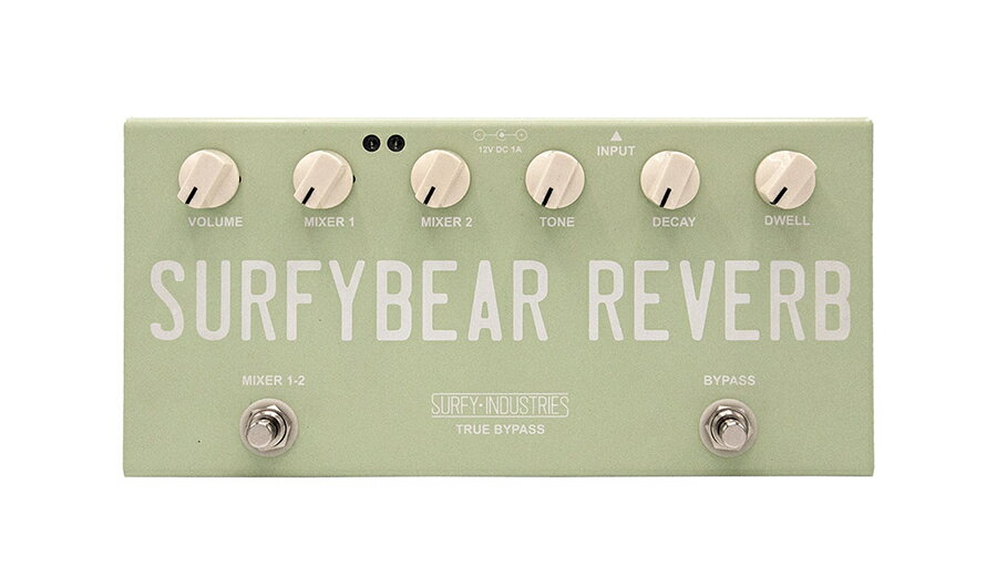 製品概要 ・SURFYBEAR CLASSICのサウンドを一切の妥協無くサイズダウンしたリバーブユニット ・オリジナルAccutronics タイプ8スプリングリバーブパン ・12V電源アダプター付属 ・サイズ：25 X 12 X 6 cm (9.5 X 4.5 X 2 inches) ペダルボードに優しいコンパクトサイズのSURFYBEAR。サウンドに一切の妥協をすることなくサイズダウンしました。 SURFYBEAR Compactのコントロールは歴史的なリバーブユニットのコントロールに基づいて、さらにいくつかのオプションを追加しました。 DWELL エフェクトの量を調整します。 MIXER 1 / 2 ドライシグナルとウェットシグナルのバランスを調整します。 TONE サウンドの明るさをコントロールします。 DECAY リバーブテイルの長さをコントロールします。 VOLUME アウトプットレベルをコントロールします。ペダルボードに優しいコンパクトサイズのSURFYBEAR。