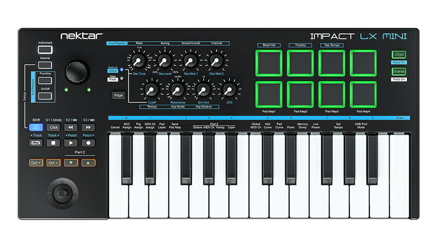 【製品概要】 Nektar Impact LX Mini は、人気の LX シリーズ USB MIDI コントローラー・キーボードのパワーを、真にポータブルなものにします。創造性を刺激するパワフルかつ直感的なリアルタイムコントロールの数々によって、場所に囚われず、スムーズなワークフローを体験できるでしょう。明快なコントロール、アルペジエーター、ドラムパッド、演奏の喜びを感じられるミニ鍵盤に加え、定評ある Nektar DAWインテグレーションにも対応。このコンパクトな LX Mini には、制作に必要な「基本」がしっかりと詰め込まれています。 【演奏、パフォーマンス、プロデュースに必須の機能を搭載】 ■鍵盤 新開発のキーベッドに25鍵のミニ鍵盤（ベロシティ対応）を搭載。たしかな弾き心地とともに、表現力豊かな演奏をお楽しみください。キーボードの反応は、演奏スタイルに合わせ、4つのベロシティカーブもしくは3つの固定値から選択できます。専用のオクターブボタンを使えばオクターブシフトも手早く行え、「パート2」ボタンをトランスポーズ用としてお使いいただくことも可能です。 ■パッド LX Mini は、フィンガードラミングに最適な8つのベロシティ対応パッドを搭載し、表現力豊かなグルーヴやビートを生み出すことができます。アサイン（割り当て）は数秒で行え、4つのパッド・マップに保存、合計32のノートアサインが可能となっています。 ■ジョイスティック ジョイスティックは4つのモジュレーションコントロールを1つに集約したもので、左右方向はピッチベンド、上方向はモジュレーション、下方向はフットペダルコントロールに設定されています。このレバーはプッシュボタンとしての機能も併せ持ち、押すことでフットペダルコントロールを最大レベルで送信します。上下方向とプッシュボタンには、任意の MIDI CC# を割り当てることができ、その設定は電源を入れ直しても保持されます。 ■トランスポート 鍵盤左側に並ぶトランスポートボタンは、DAWのコントロールに使用します。すべてのボタンは MIDI アサインが可能となっており、“Shift” ボタンと組み合わせることでそのアサイン数が2倍（14）に増えます。Nektar DAW インテグレーションでは、さらにもう1つの階層が控えており、最大で21の機能がプリマッピングされます。 ■ノブ 8基のノブを操作すれば、アルペジオ、インストゥルメント、MIDI CC といったパラメーターへ瞬時にアクセスできます。ノブに割り当てられた機能の切り替えは、モードボタン（Instrument、Internal、Arp / Repeat）を使って行います。“Page” ボタンを併用することで、そのアサイン数は2倍（16）になります。 ■フットスイッチ端子 LX Mini には、このサイズのキーボードで省かれがちなフットスイッチソケットが用意されています。付属の「1/8インチ - 1/4インチの変換アダプタ」を使い、標準的なサスティンペダル（別売）を接続しましょう。極性は起動時に自動検出され、任意の MIDI CC を割り当てることも可能です。 ■アルペジエーター／ノートリピート 2つ（鍵盤用とパッド用）のアルペジオ／リピートエンジンを駆使して、シンセやパーカッションのエキサイティングなラインを生み出しましょう！8基のノブを操作することで、レート、スゥイング、アクセントレベル、インターバル、テンポ、アルペジオモード、アルペジオオクターブをリアルタイムに変更できます。 “Page” ボタンは、鍵盤とパッド、いずれのエンジンの設定を行うかを切り替えるもので、パッド右横にあるボタンでそれぞれを独立して動作させることができます。例えば、ハイハットやパーカッションサウンドをパッドで鳴らしつつ、アルペジオによるベースラインを鍵盤に割り当て、それらをノブでコントロールしていく、といったことが可能です。テンポは、内部あるいは外部からの MIDI 経由にロックします。 ■ダブルアップ : 「パート2」機能 「パート2」は、非常にユニークな機能です。演奏中に “Part 2” ボタンを押すことで、数オクターブ分を一気に上下する、瞬間的にトランスポーズする、別の MIDI チャンネルへ切り替える、といったことを即座に行えます。 ボタンから手を離すと、LX Mini は元の設定に戻ります。設定をラッチしたい？ “Part 2” ボタンを押したまま、もう一方の “Part 2” ボタンを押しましょう。他のキーボードではできないような、新しい演奏が可能になります。 ■Nektar DAW インテグレーション お使いのDAWにあわせた “Nektar DAW インテグレーション” をインストールするだけで、LX Mini から必要なタスクをコントロールできるようになります。トラックパッドやマウスをいったん休ませ、セッションの再生や停止、トラックやパッチのナビゲート、ウィンドウの開閉など、直感的なハンズオンコントロールを体験してください。 Nektar DAW インテグレーションは、現在、Ableton Live、Bitwig、Cakewalk、Cubase、Digital Performer、FL Studio、GarageBand、Logic Pro X、Mixcraft、Nuendo、Reason、Reaper、Studio One に対応しています。 下図は LX Mini で操作可能となる主な機能です : ■インストゥルメントを調整 バーチャルインストゥルメントをハードシンセのようにコントロールしてみませんか？ LX Mini のインストゥルメントモードでは、ほとんどの DAW 内でバーチャルインストゥルメントをコントロールできるよう設定することが可能です。“Page” ボタンを組み合わせると、各ノブに2つのパラメーターを割り当てられるため、合計で16のパラメーターをコントロールできるようになります。 独立した大きめのボリュームノブでは、チャンネルボリュームを調整します。パラメーターの割り当ては至って簡単。“Shift” ボタンを押しながらソフトウェアのコントロールを動かし、次にハードウェアのコントロールを動かすだけで完了です。 ■作曲とパフォーマンスをすぐに始められるDAW、Bitwig 8-Track が付属！ LX Mini には、Bitwig 8-Track が付属します。この8トラックバージョンのDAW で、すぐに音楽プロデュース、演奏、サウンドデザインをお楽しみいただけます。Bitwig 8-Track には50以上のソフトウェア音源とエフェクトが付属し、最大で8つのオーディオまたは MIDI トラックの楽曲制作が可能です。また、市販の VST®プラグインを使うこともできます。さらに付属の "Bitwig Essentials Package" には、使いやすいループ、クリップとサンプルが用意され、初めて作曲に挑戦される方をサポートします。上位版である Bitwig Studio の機能と魅力を受け継ぎ、高い次元での制作ツールとしても、音楽アイディアを発展させる強力なスケッチパッドとしても魅力的な音楽ツールです。 Nektar の DAW インテグレーションは Bitwig 8-Track にも対応します。LX Mini と Bitwig 8-Track は素敵なコンビネーションとして、音楽制作ライフをより豊かなものにします。これからデジタル環境で音楽制作に挑戦される方にとって、最適な組み合わせと言えるでしょう。すでに他のDAWに慣れ親しんだ方にとっても、これまでとは別次元のインスピレーションを提供します。 ■Nektar Technology について 2009年の創立以来、Nektar Technology は、「強力な音楽ソフトウェアとコントローラー・ハードウェアとの間のギャップを埋める」という使命を掲げ、情熱を燃やしています。ソフトウェアが常に進化し続ける中で、数多くのインストゥルメントやエフェクトが手軽に利用できるようになり、音楽制作はより身近なものとなりました。しかし、コントローラー・ハードウェアの進化は、残念ながらそれに及びません。Nektar Technology が目指すもの、それはミュージシャンが音楽ソフトウェアをハードウェアのように操作できる、直感的かつ刺激的なツールを開発、提供することです。 彼らの製品はすでに飛躍的な進化を遂げていますが、探求はまだ始まったばかりと言えます。エキスパート揃いの Nektar チームは、今後もその使命を果たすべく心血を注いでいくことでしょう。 スペック寸法と重量寸法：39 cm x 18.5 cm x 3.8 cm重量：1 kgシステム必要条件Mac OS X 10.7 以降、Windows 7 以降（DAWの動作条件も併せてご確認ください）Apple iOS（接続には別売の Apple Lightning - USB 3 カメラアダプタ などが必要です）どこにいても、クリエイト＆プロデュース！ポータブルな25鍵 USB MIDI コントローラー・キーボード！